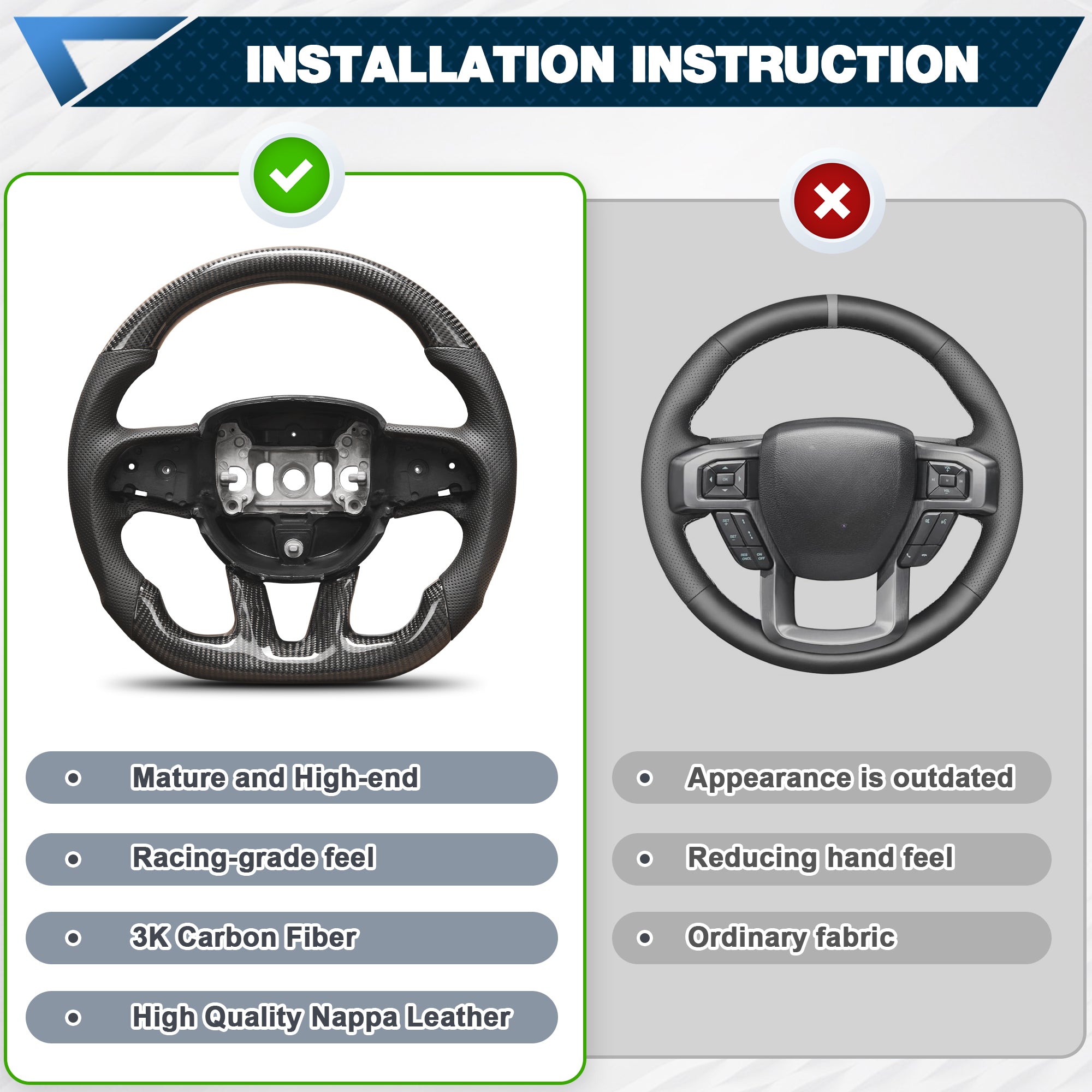 Real Carbon Fiber Steering Wheel For Dodge Challenger 2015-2020 D-shaped Flat-bottom Nappa Perforated Leather Steering Wheel Grip Hand-Stitched