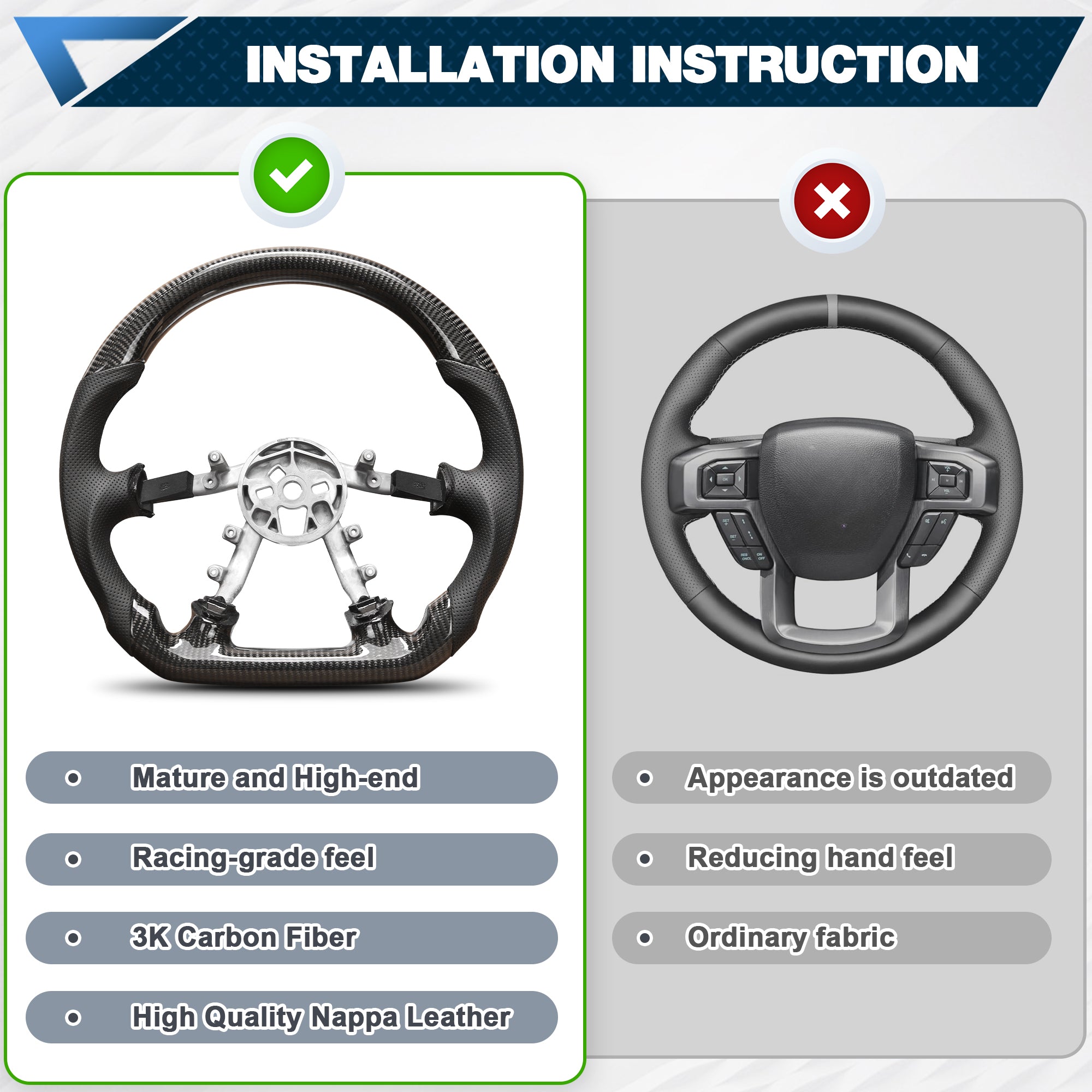 Carbon Fiber Steering Wheel Compatible for Chevy Corvette C5 1997-2004 D-shaped Nappa Perforated Leather Flat-bottom Steering Wheel Grip Hand-Stitched