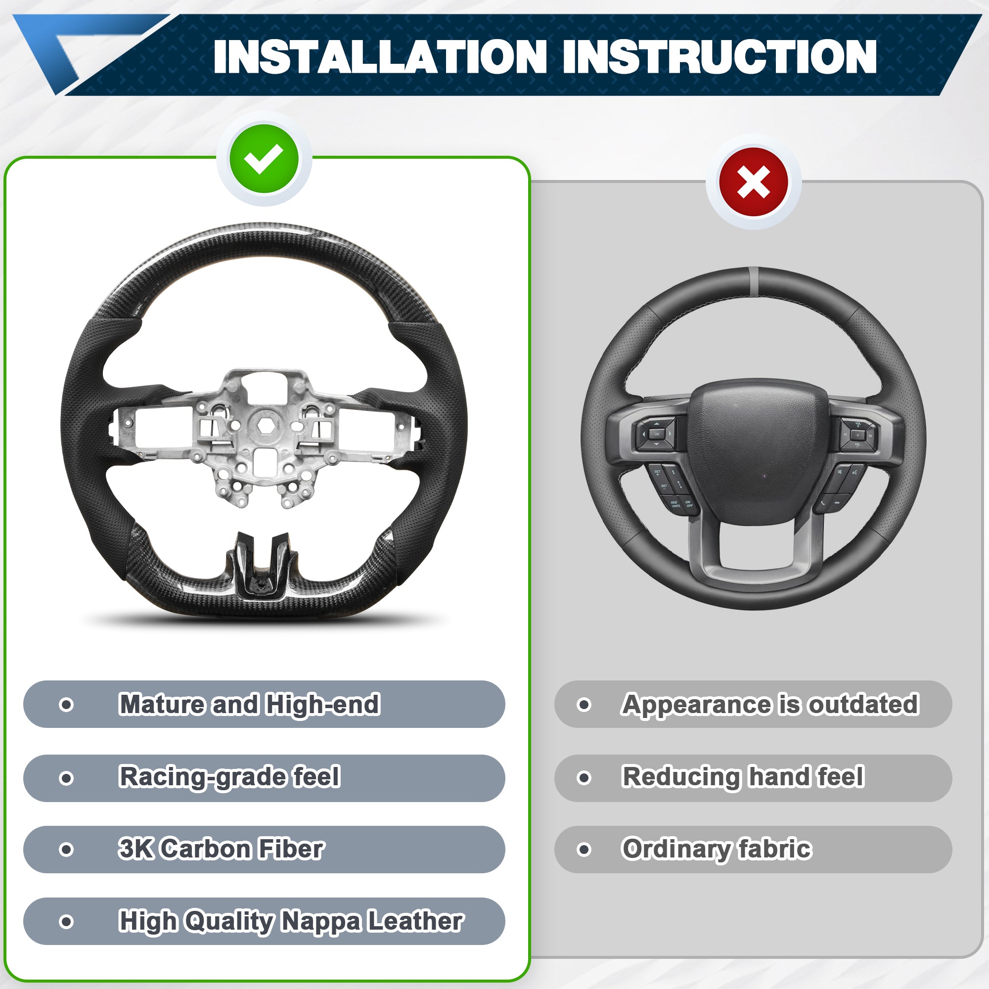 Carbon Fiber Steering Wheel for Mustang 2018-2022 Nappa Perforated Leather with Hand Stitching D-shaped Custom Steering Wheel for Mustang EcoBoost/GT for Shelby GT350/GT350R