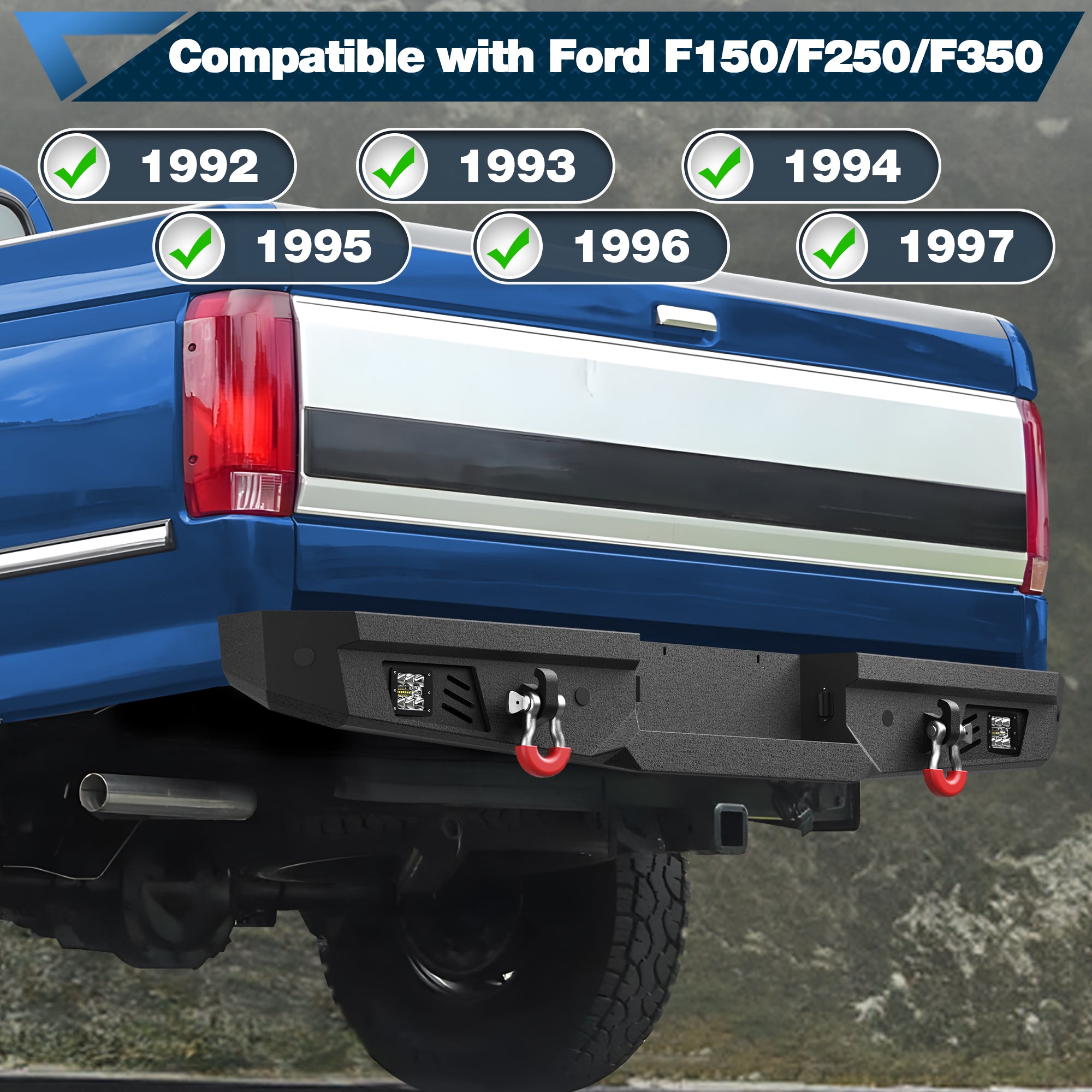 Rear Bumper Full Width for 2017-2022 Ford F250/F350/F450, Textured Black Bumper with 2x18W LED Lights & Sensor Holes & D-Rings