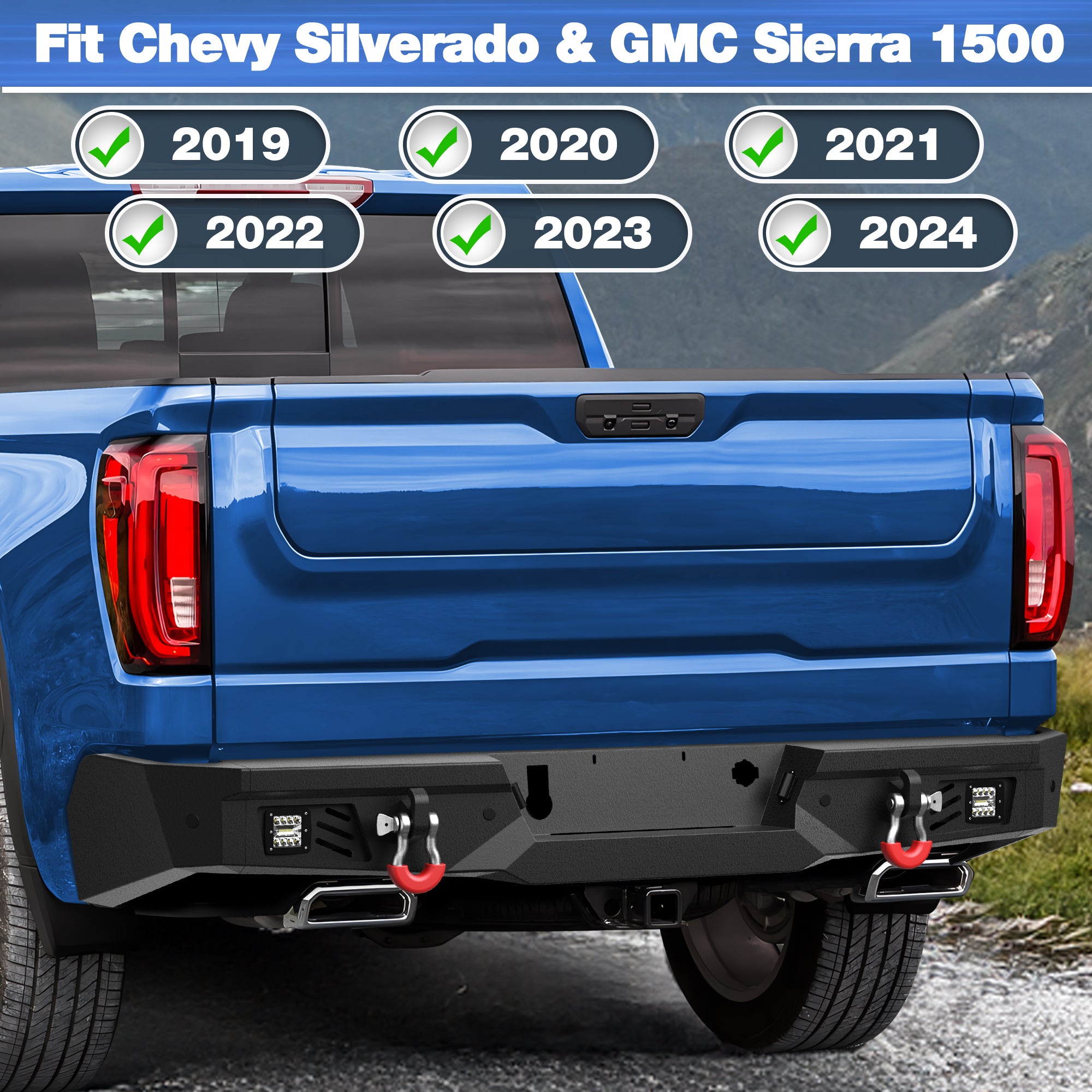 Rear Bumper for 2019-2024 Chevy Silverado/GMC Sierra 1500 Full Width Offroad Bumper w/Step Plate, 2x18w Lights, D-rings, License Plate Lights for 2019-2024 Chevy Silverado and GMC Sierra 1500 Trucks