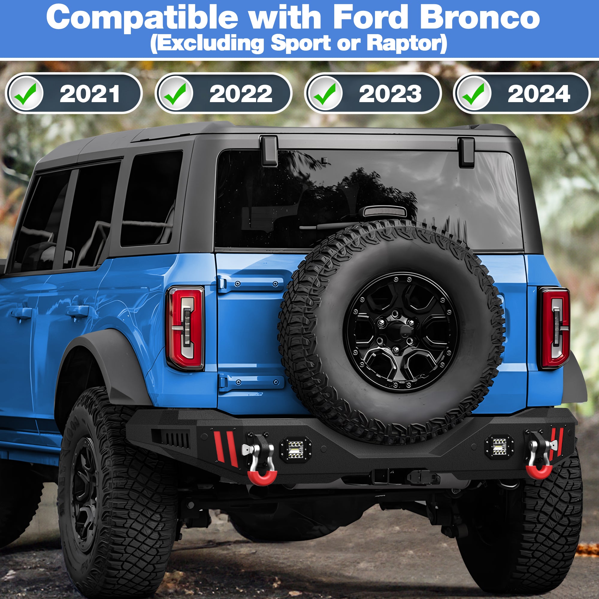 Rear Bumper Compatible with Ford Bronco 2021-2024, Textured Black Pickup Truck Bumper for 2021 2022 2023 2024 Ford Bronco, with Step Plate, Lights & D-rings (Excluding Bronco Sport or Raptor)
