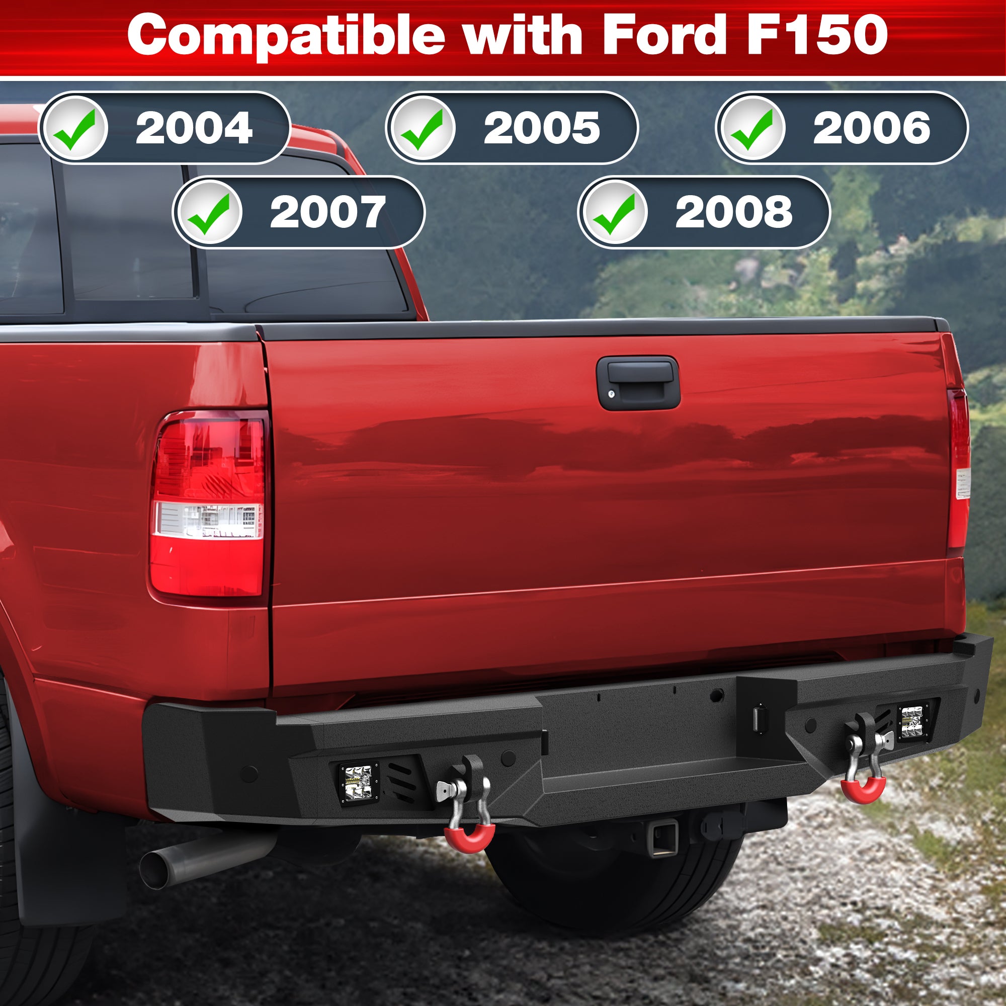 04-08 F150 Front Rear Bumper Set, Full Width Offroad Bumper w/Winch Plate, 144W Light Bar, 6x18w Fog Lights, D-rings, License Plate Bracket for 2004-2008 Ford F150 Truck