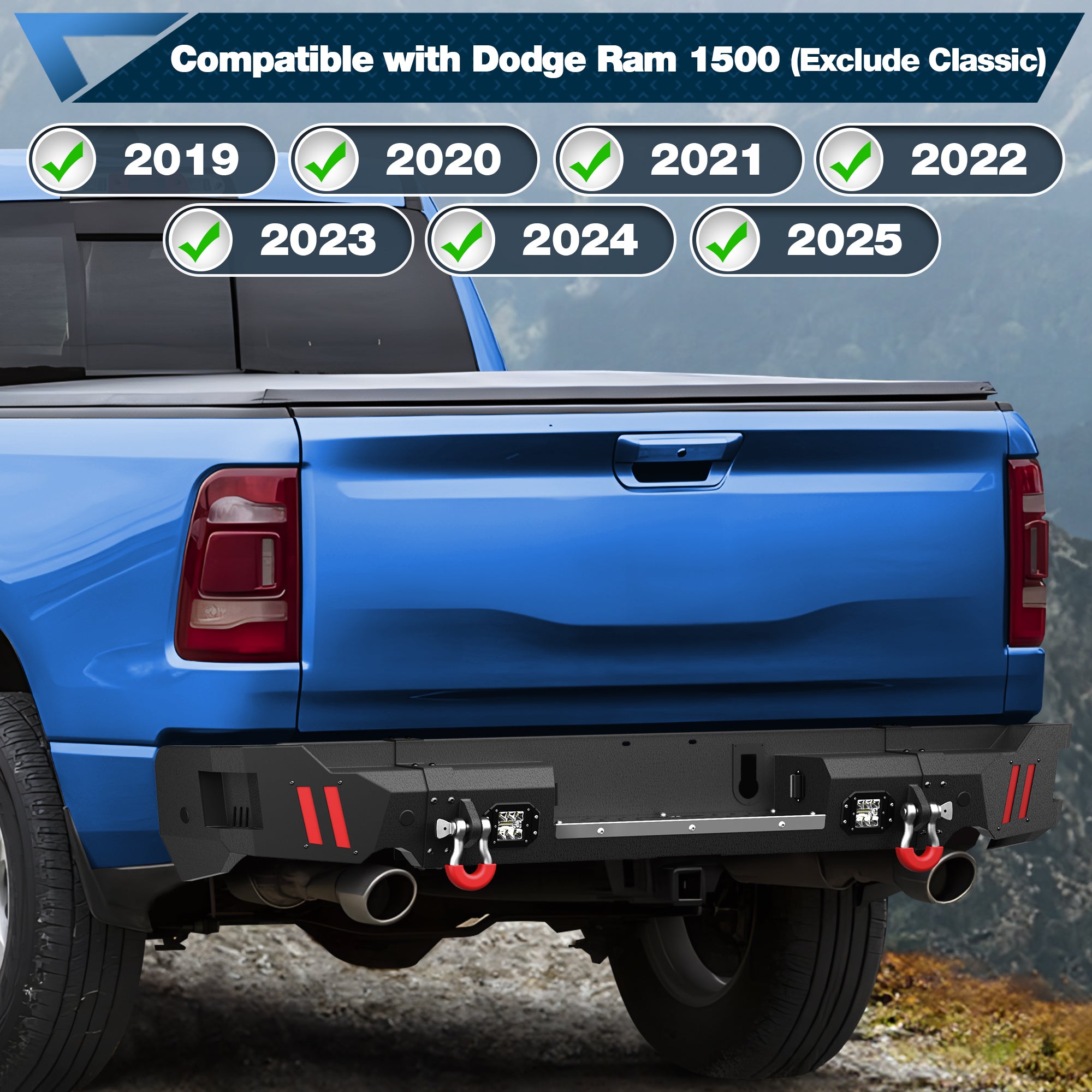 Rear Bumper Compatible with Ram 1500 2019-2024, Textured Black Pickup Truck Bumper for Ram 1500, with Step Plate, Lights, Sensor Holes and D-rings (Exclude Classic)