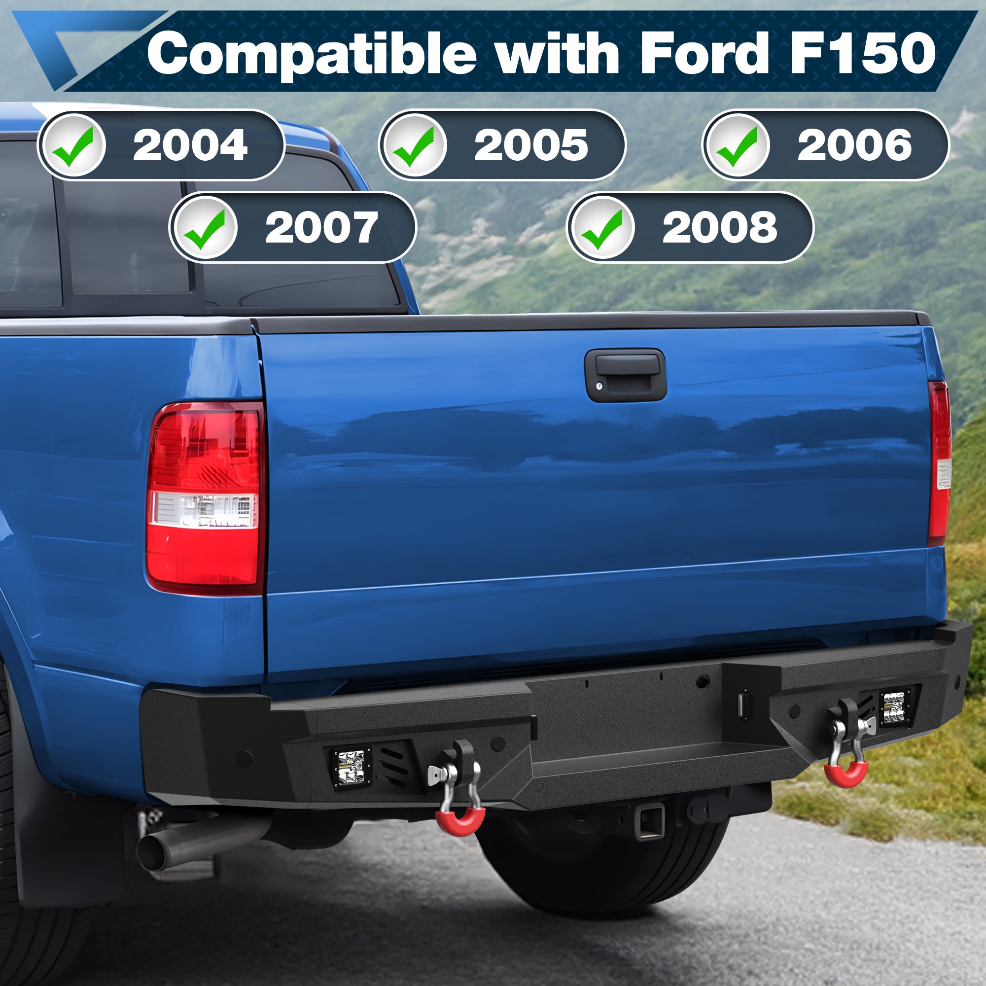 04-08 F150 Rear Bumper Full Width Offroad Bumper w/Step Plate, 2x18w Lights, D-rings, License Plate Lights for 2004-2008 Ford F150 Pickup Trucks