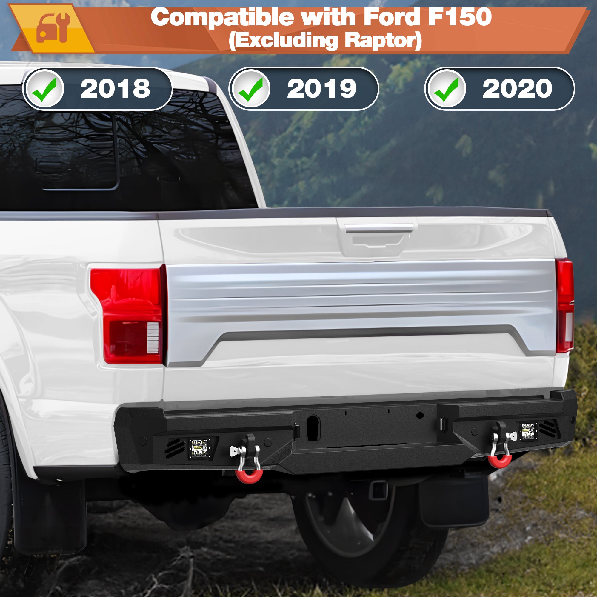 Rear Bumper for 2018-2020 Ford F150 Pickup Trucks Full Width Offroad Bumper w/Step Plate, 2x18w Lights, D-rings, License Plate Lights (Excluding Raptor)