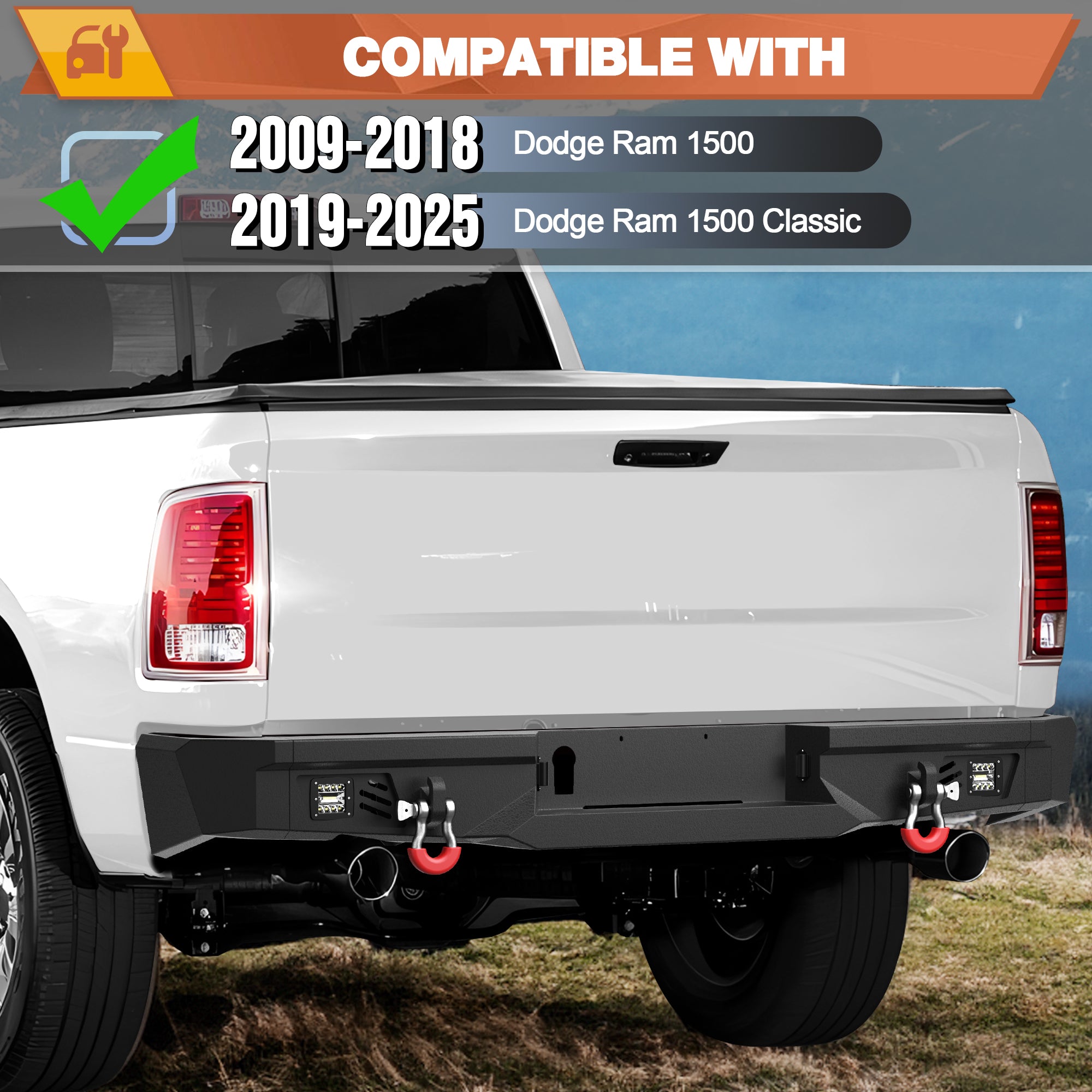 Ram 1500 Rear Bumper for 2009-2018 Ram 1500 Pickup and 2019-2025 Ram 1500 Classic Only, w/Step Plate, Fog Lights, License Plate Lights and D-rings