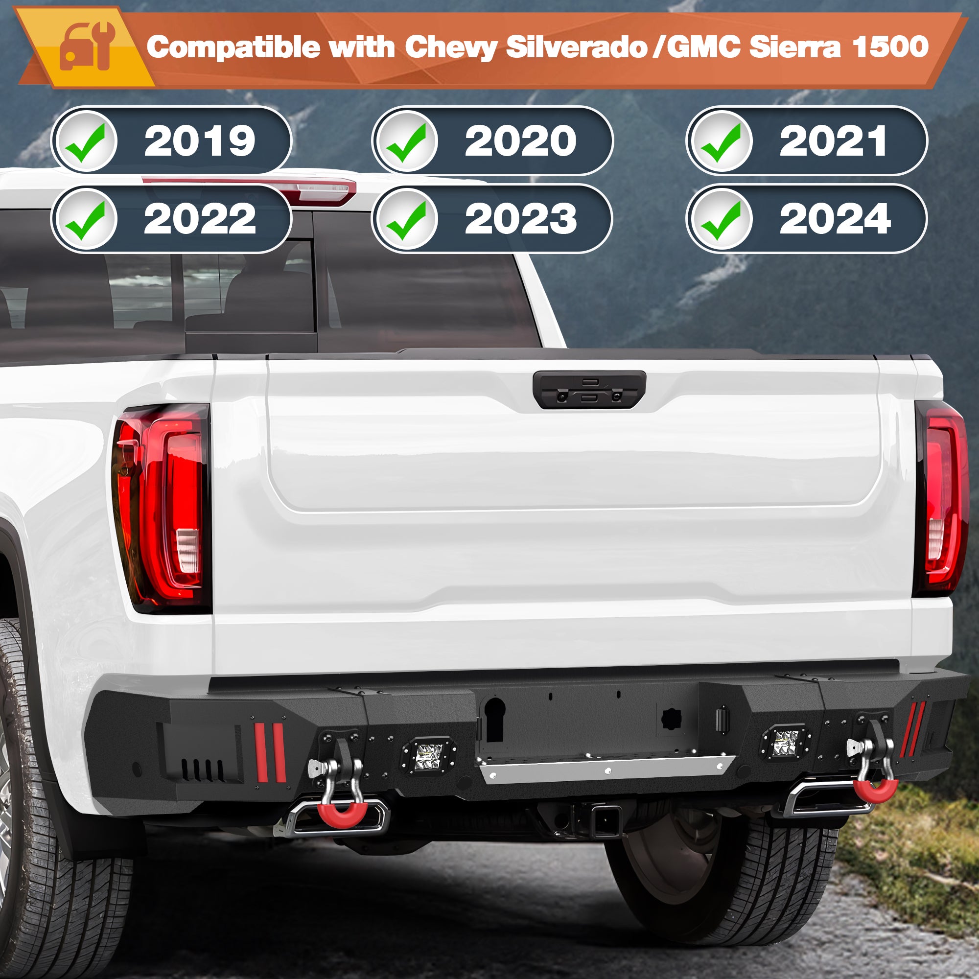 Rear Bumper for Chevy Silverado 1500 / GMC Sierra 1500 2019-2024 w/Step Plate, Lights, Sensor Holes and D-rings, Textured Black Pickup Truck Bumper