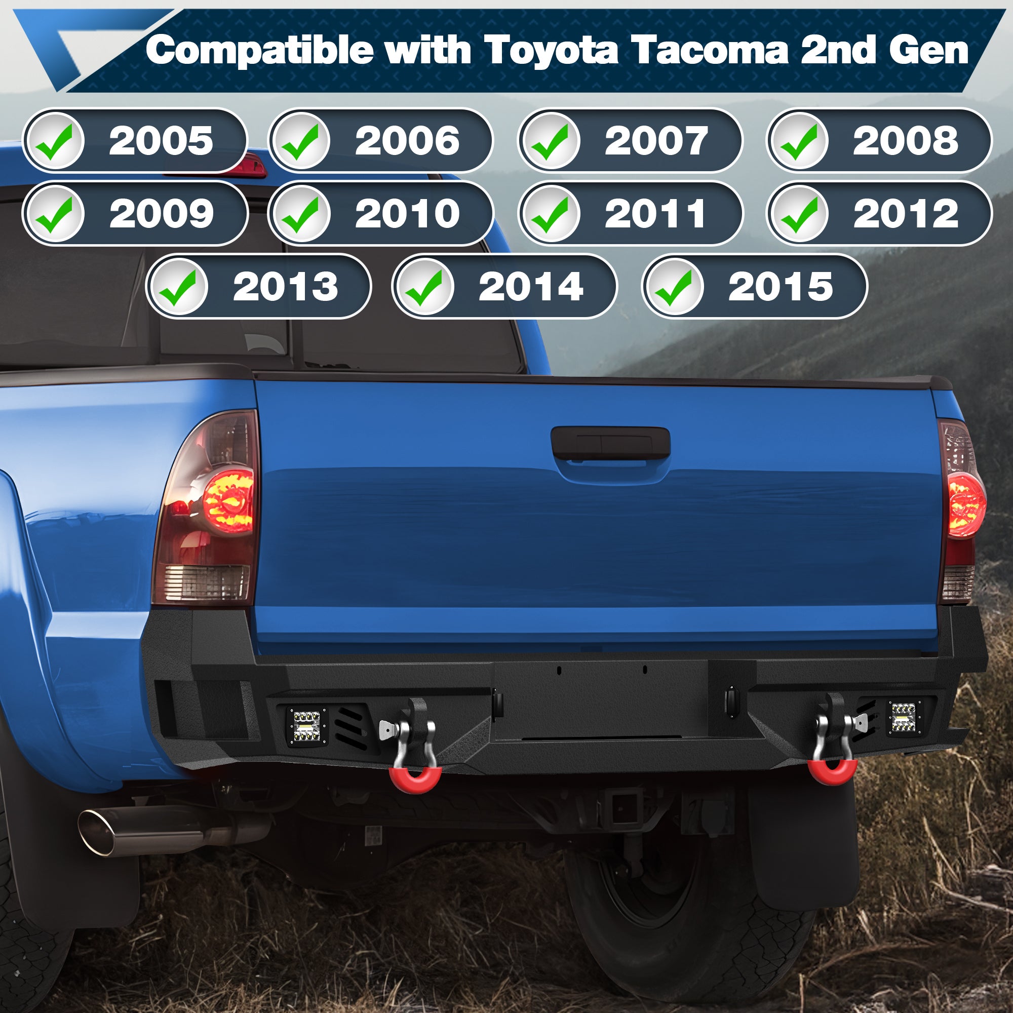 Rear Bumper for 2005-2015 Tacoma 2nd Gen Full Width Offroad Bumper w/Step Plate, 2x18w Lights, D-rings, License Plate Lights Pickup Trucks