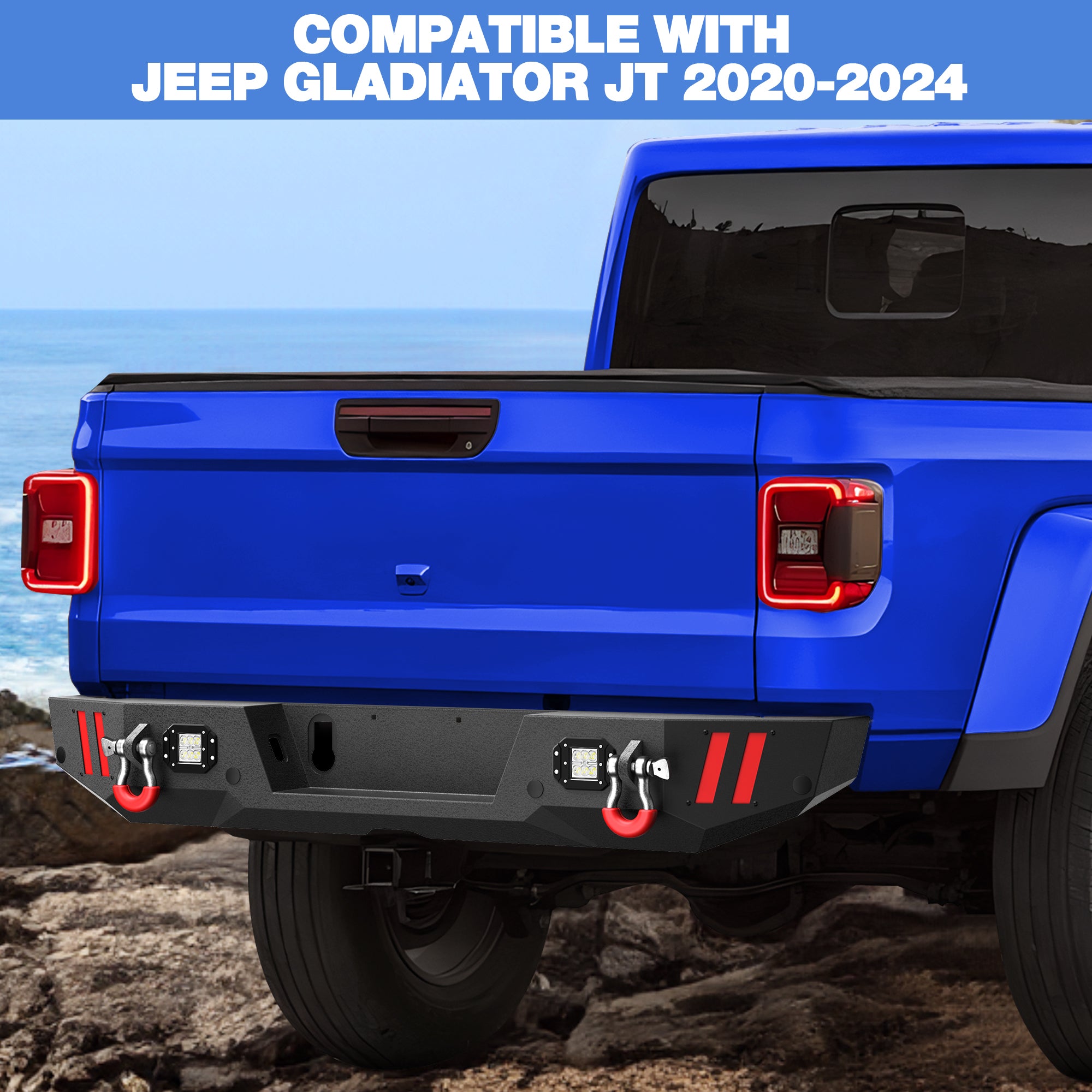 Rear Bumper Compatible with Jeep Gladiator JT 2020 2021 2022 2023 2024, Textured Black Pickup Truck Bumper for 2020-2024 Gladiator JT, with Step Plate, Lights, Sensor Holes and D-rings