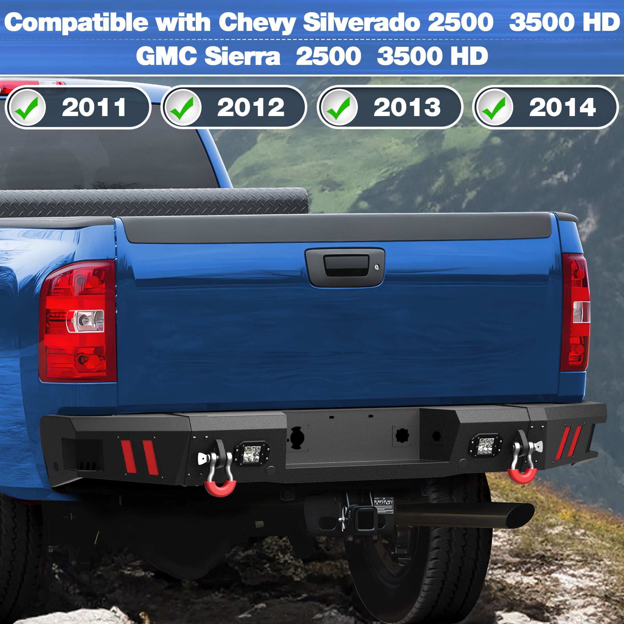 Rear Bumper for 2011-2014 Chevy Silverado/GMC Sierra 2500/3500 Full Width Offroad Bumper w/Step Plate, 2x18w Lights, D-rings for 2011-2014 Chevy Silverado and GMC Sierra 2500/3500 Trucks