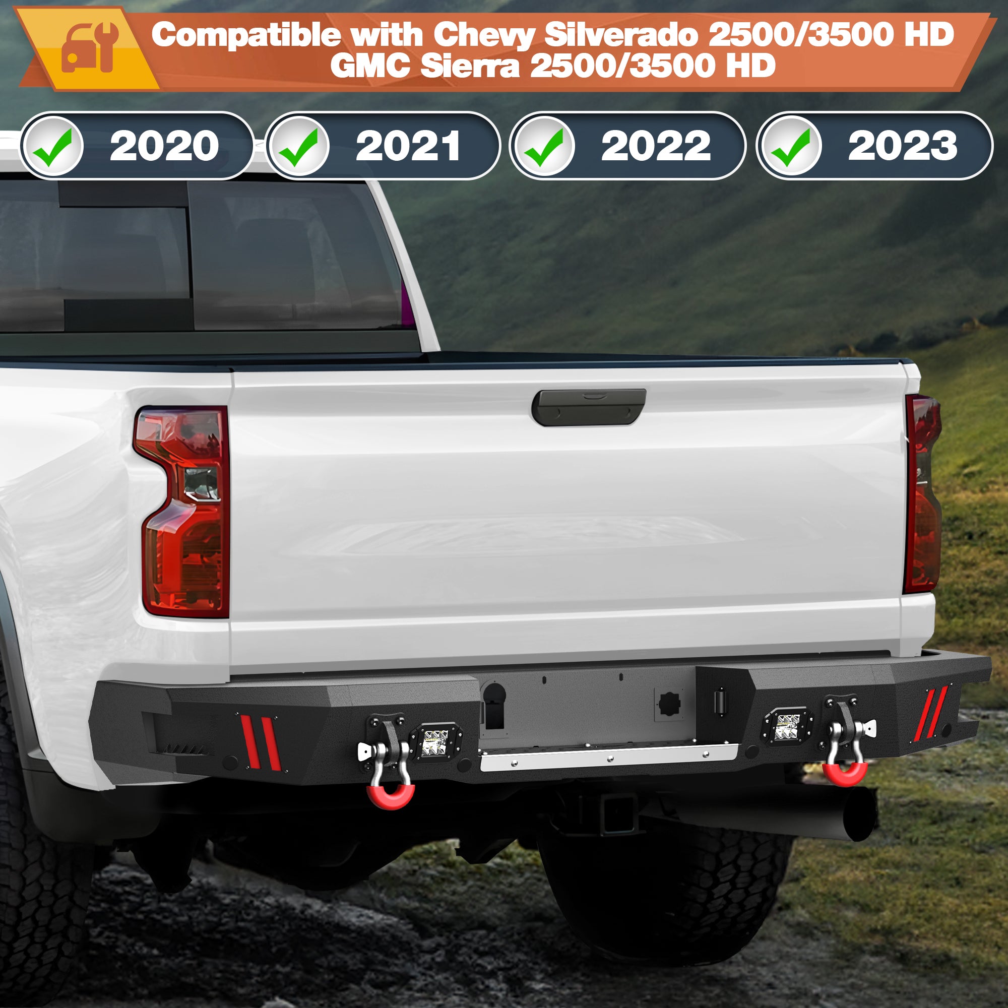 Rear Bumper for 20-23 Chevy Silverado/GMC Sierra 2500/3500 Truck Bumper Full Width Offroad Bumper w/Step Plate, 2x18w Lights, D-rings for 2020-2023 Chevy Silverado and GMC Sierra 2500/3500