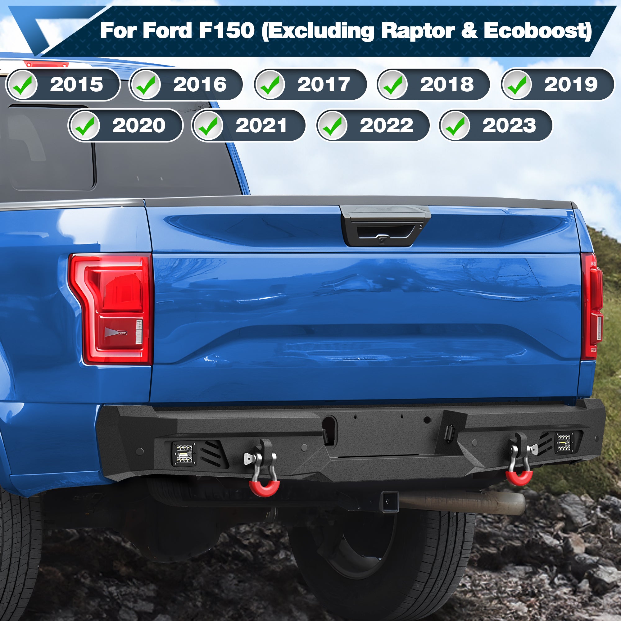 F150 Rear Bumper for 2015-2023 Ford F150 Pickup, w/Step Plate, Fog Lights, License Plate Lights and D-rings (Excluding Raptor & Ecoboost)