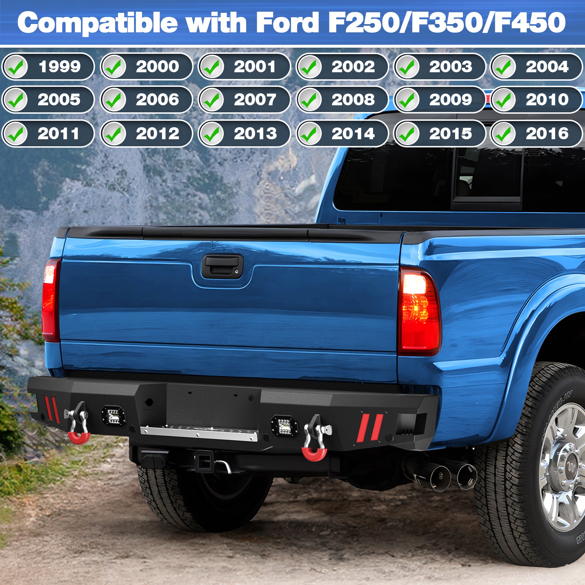 F250 Rear Bumper Full Width for 1999-2016 Ford F250/F350/F450, w/Step Plate, Fog Lights, D-rings and Sensor Holes