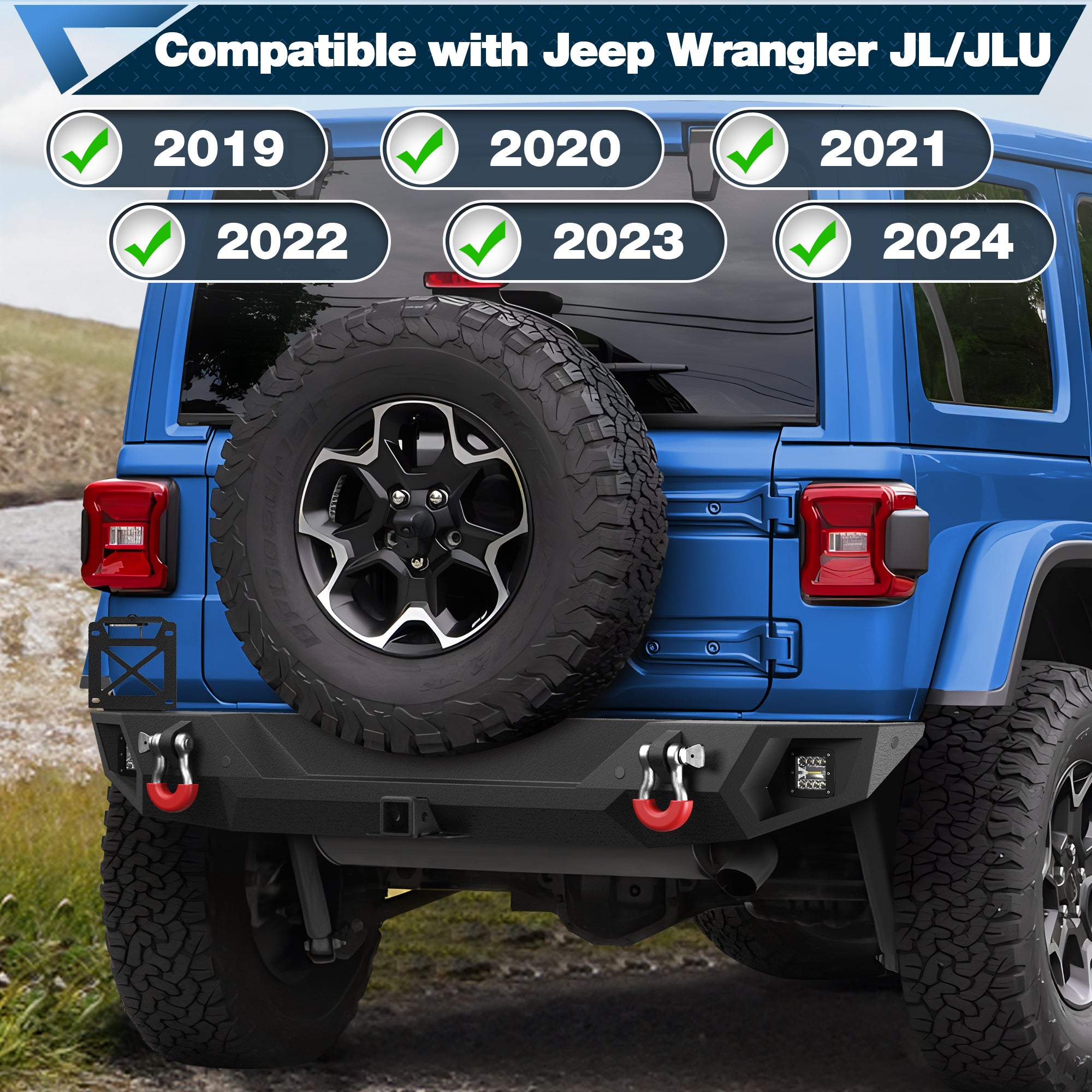 Rear Bumper Full Width for Wrangler JL JLU 2019-2024, Textured Black Rear Bumper with 2" Hitch Receiver