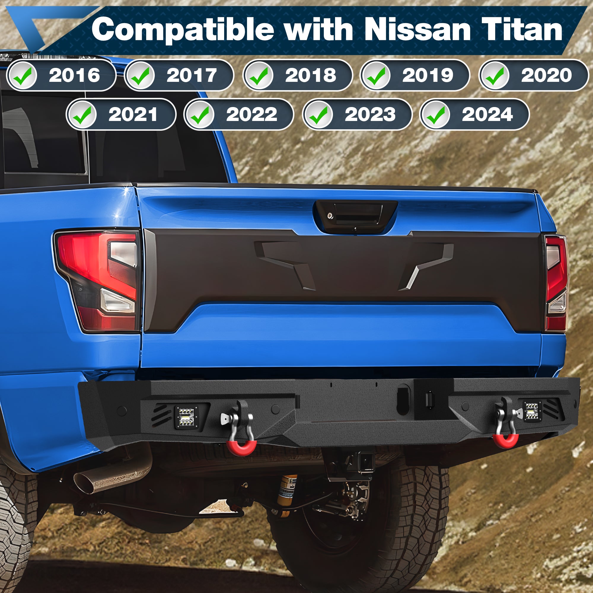Titan Rear Bumper Full Width for 2016-2024 Nissan Titan, w/Step Plate, Fog Lights, License Plate Lights and D-rings (Not Fit Intelligent Radar Sensors)
