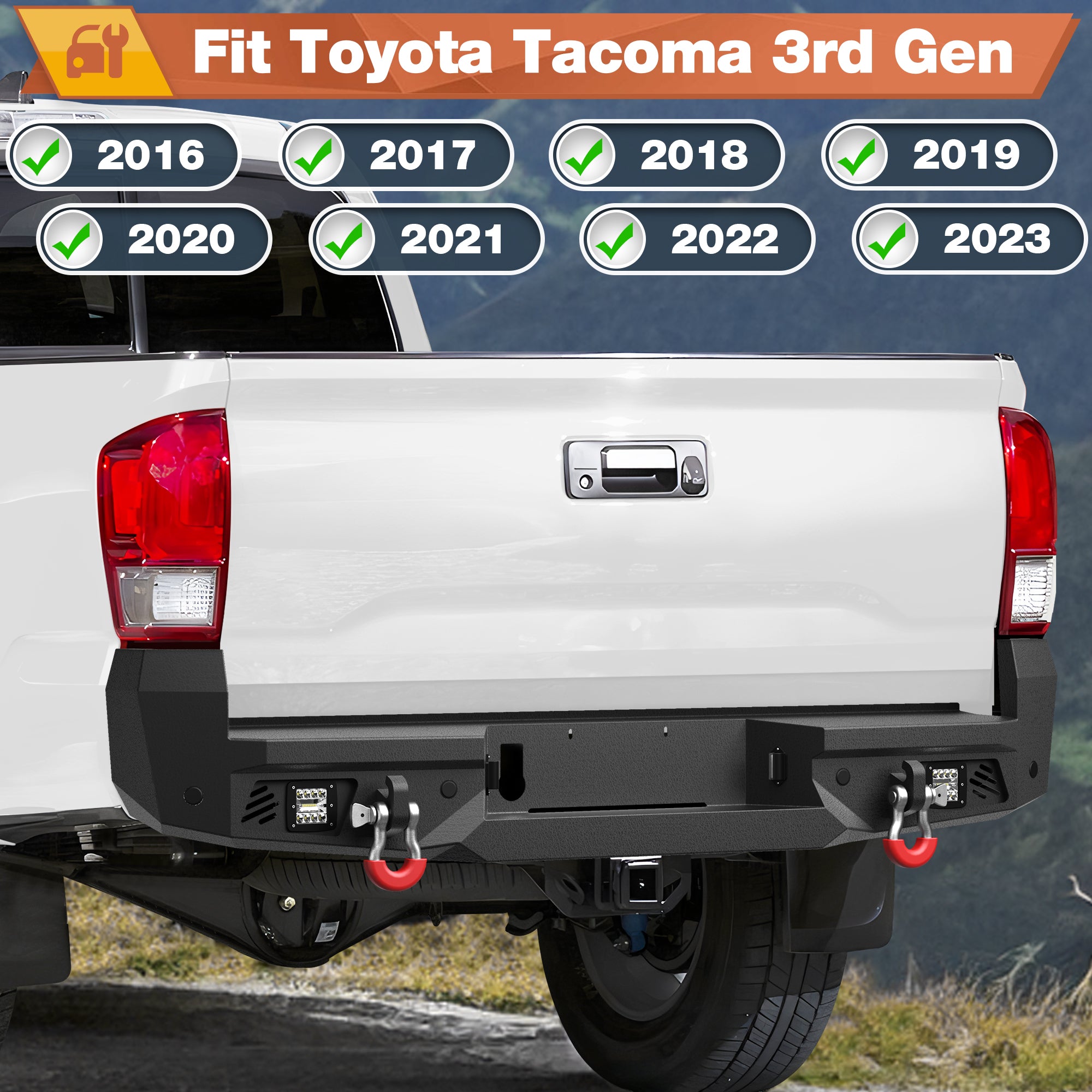 16-23 Tacoma Rear Bumper Full Width Offroad Bumper w/Step Plate, 2x18w Lights, D-rings, License Plate Lights for 2016-2023 Tacoma 3rd Gen