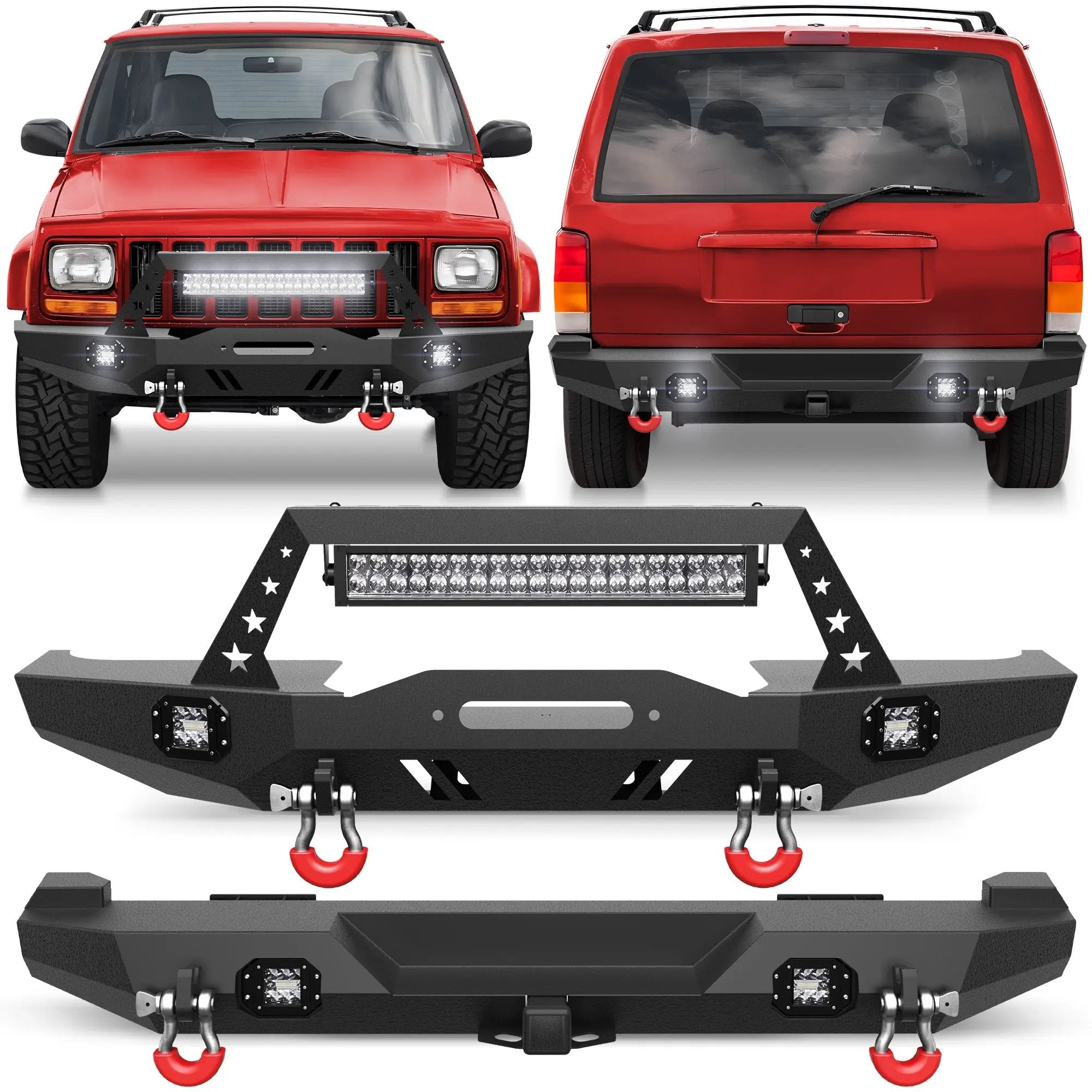 Aftermarket Truck Bumpers For Jeep XJ Bumpers Combo Fits 1984-2001 Jeep Cherokee XJ with Winch Plate and Lights - POFENZE