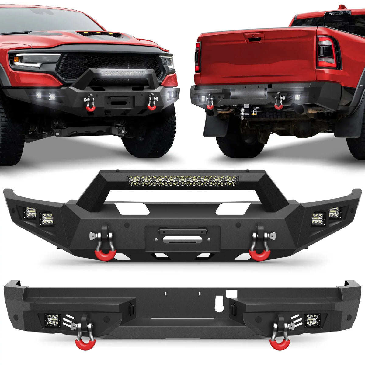Bumper Set for 2021-2025 Ram 1500 TRX Pickup, w/Winch Plate, LED Lights, D-rings and License Plate Bracket (Ram 1500 TRX only) POFENZE