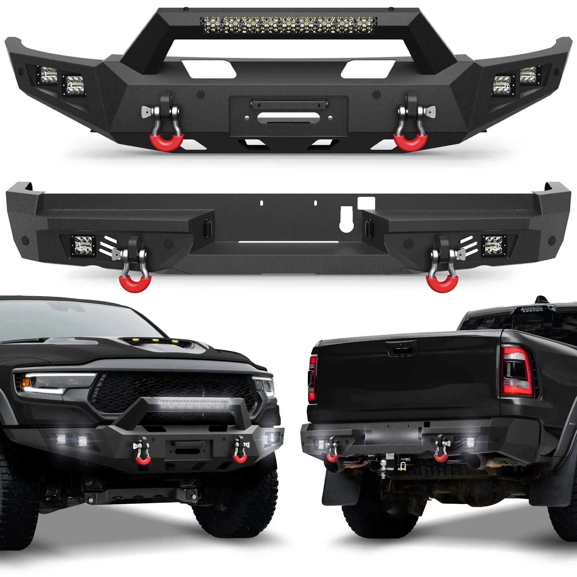 Bumper Set for 2021-2025 Ram 1500 TRX Pickup, w/Winch Plate, LED Lights, D-rings and License Plate Bracket (Ram 1500 TRX only) POFENZE