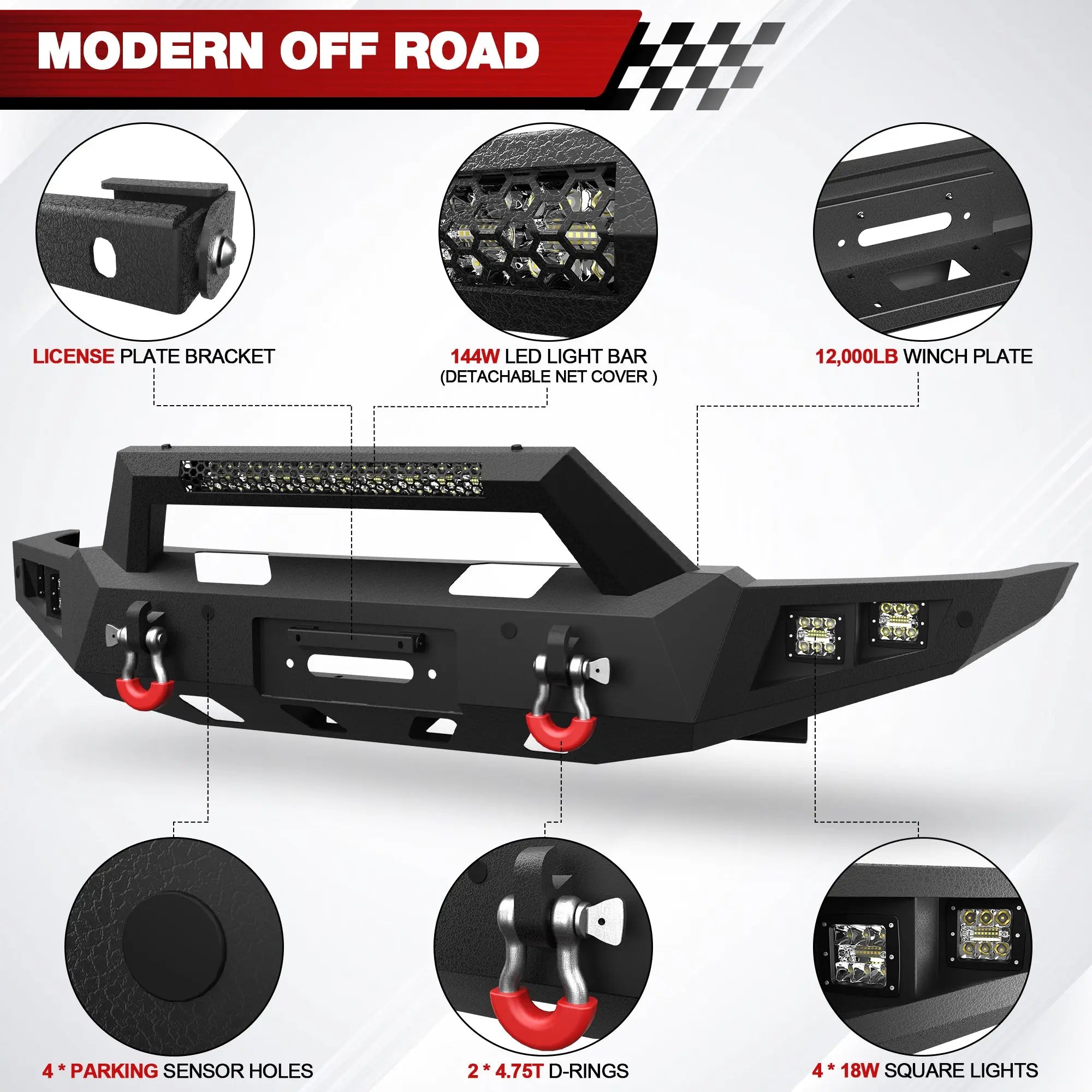 Bumper Set for 2021-2025 Ram 1500 TRX Pickup, w/Winch Plate, LED Lights, D-rings and License Plate Bracket (Ram 1500 TRX only) POFENZE