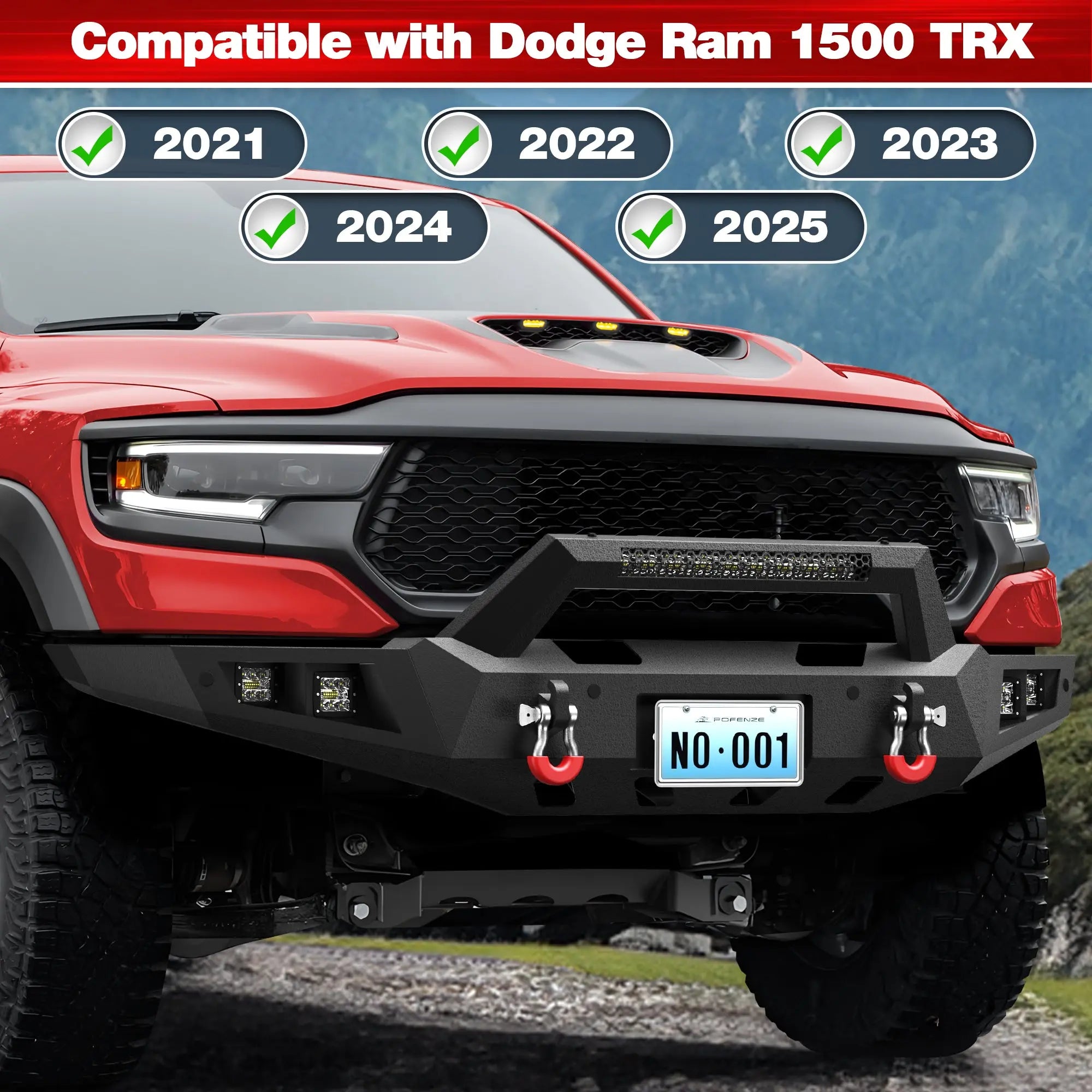 Bumper Set for 2021-2025 Ram 1500 TRX Pickup, w/Winch Plate, LED Lights, D-rings and License Plate Bracket (Ram 1500 TRX only) POFENZE