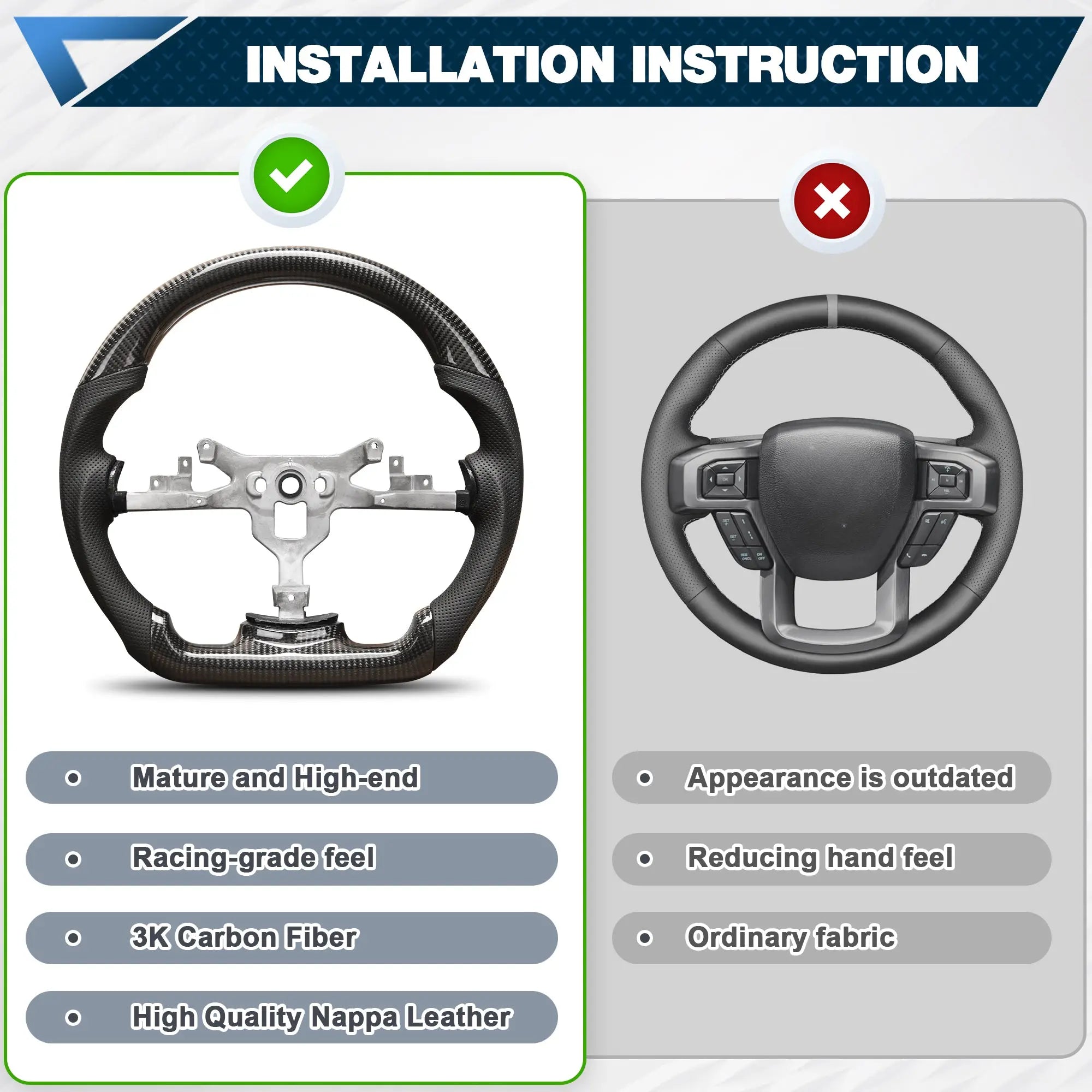Carbon Fiber Steering Wheel Compatible for Chevy Corvette C6 2006-2011 D-shaped Flat-bottom Nappa Perforated Leather Steering Wheel Grip Hand-Stitched POFENZE