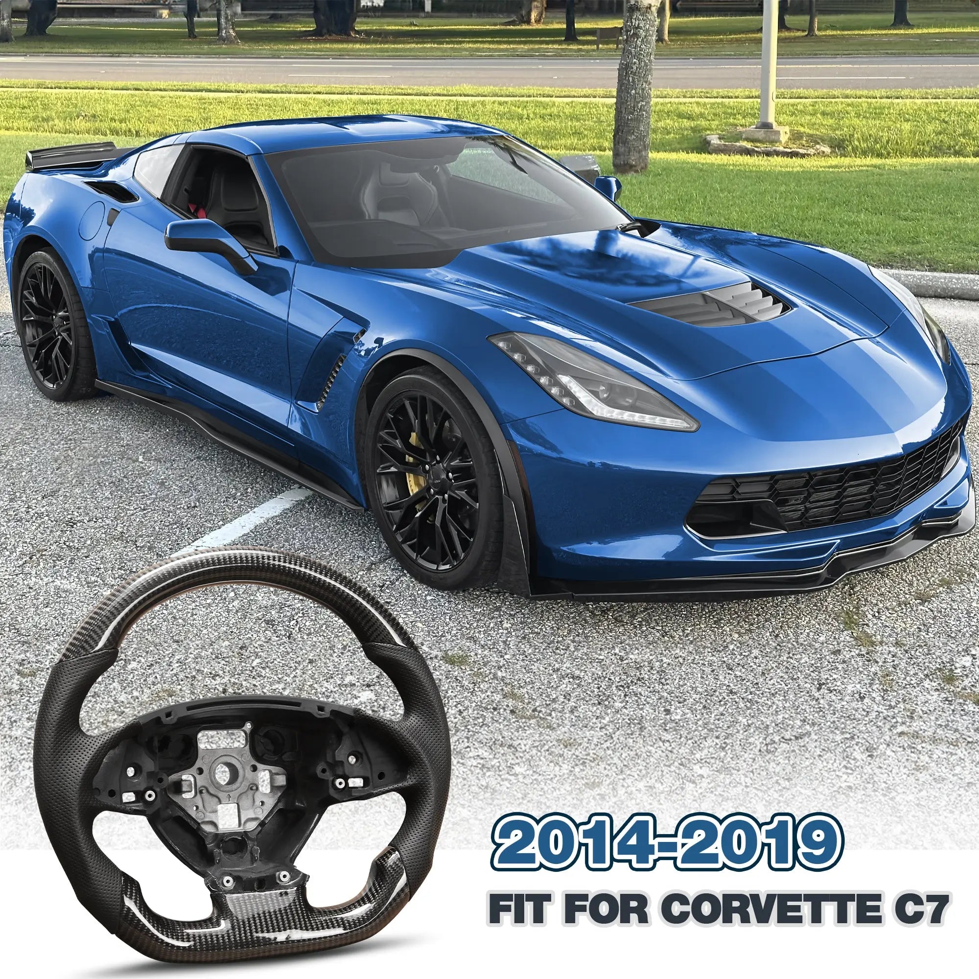 Carbon Fiber Steering Wheel Compatible for Chevy Corvette C7 2014-2019 Nappa Perforated Leather D-shaped Flat-bottom Steering Wheel Grip Hand-Stitched POFENZE