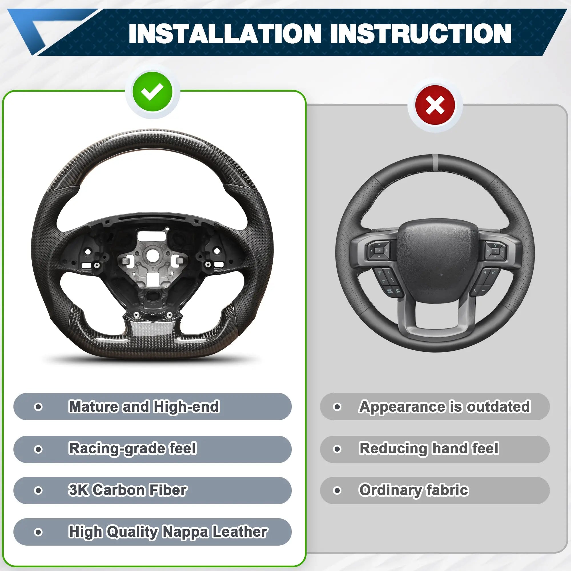 Carbon Fiber Steering Wheel Compatible for Chevy Corvette C7 2014-2019 Nappa Perforated Leather D-shaped Flat-bottom Steering Wheel Grip Hand-Stitched POFENZE
