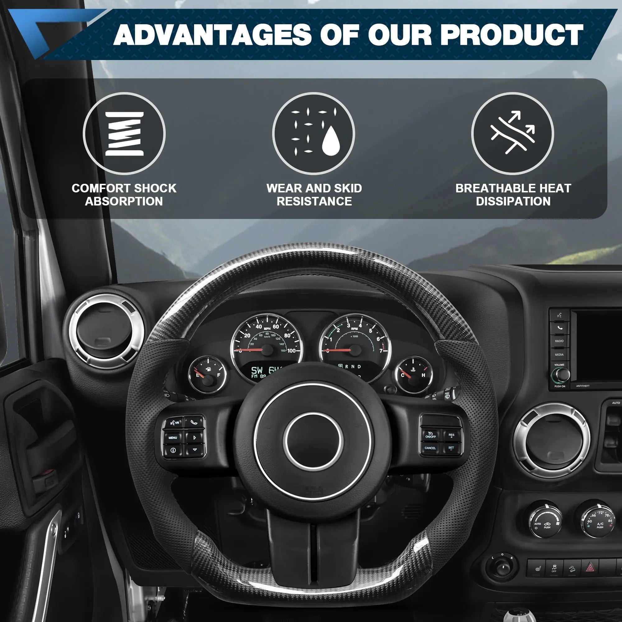 Carbon Fiber Steering Wheel Compatible for Jeep Wrangler JL/JLU/JT 2018-2024 Nappa Perforated Leather, D-shaped Flat-bottom Custom Steering Wheel POFENZE