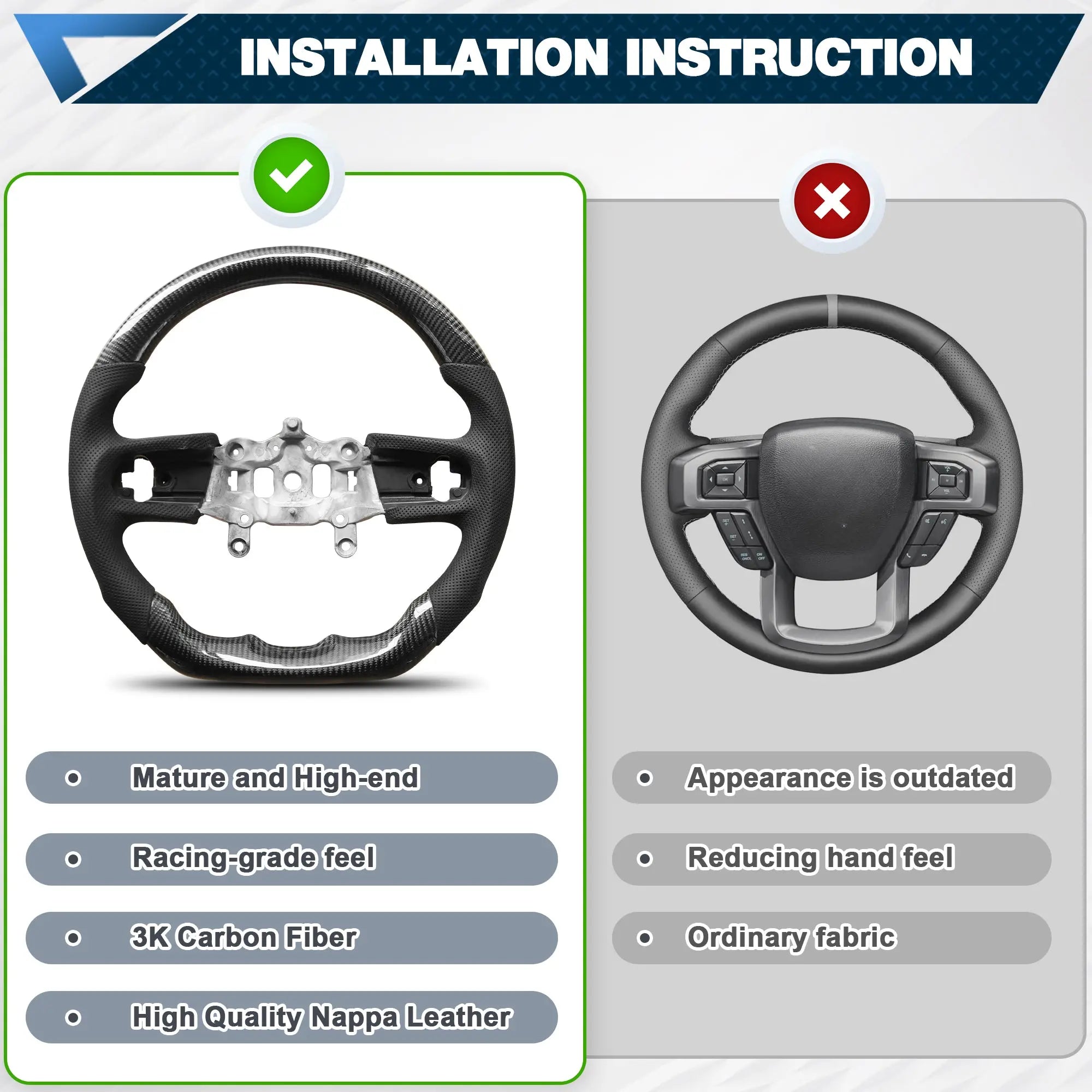 Carbon Fiber Steering Wheel Compatible for Jeep Wrangler JL/JLU/JT 2018-2024 Nappa Perforated Leather, D-shaped Flat-bottom Custom Steering Wheel POFENZE