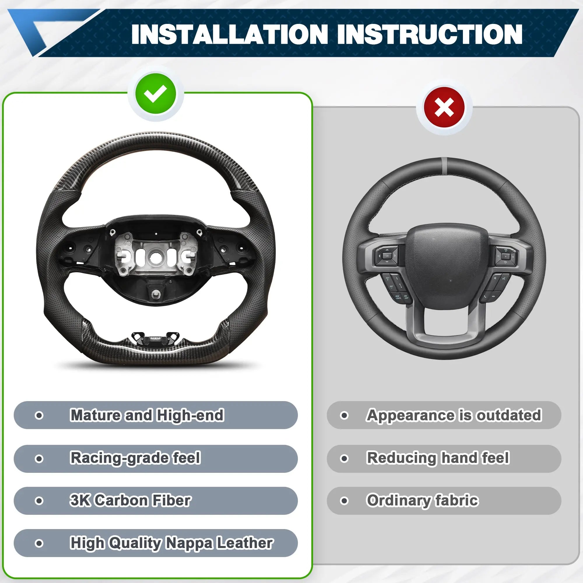 Carbon Fiber Steering Wheel For JEEP Grand Cherokee 2014 Nappa Perforated Leather D-shaped Flat-bottom Grip Hand-Stitched Steering Wheel POFENZE