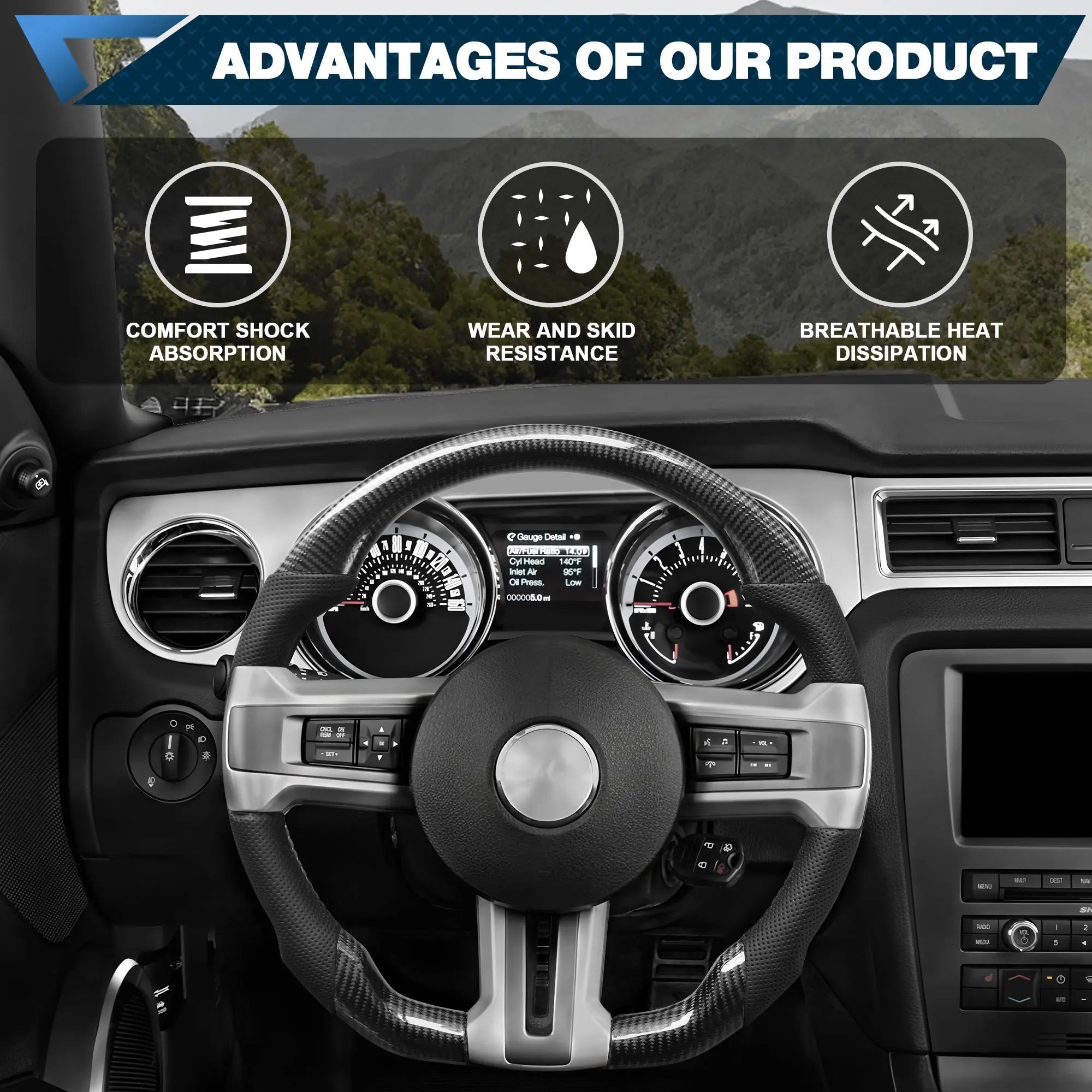 Carbon Fiber Steering Wheel For Mustang EcoBoost/GT/Shelby GT350/GT350R 2012-2014 D-shaped Nappa Perforated Leather Flat-bottom Custom Steering Wheel POFENZE