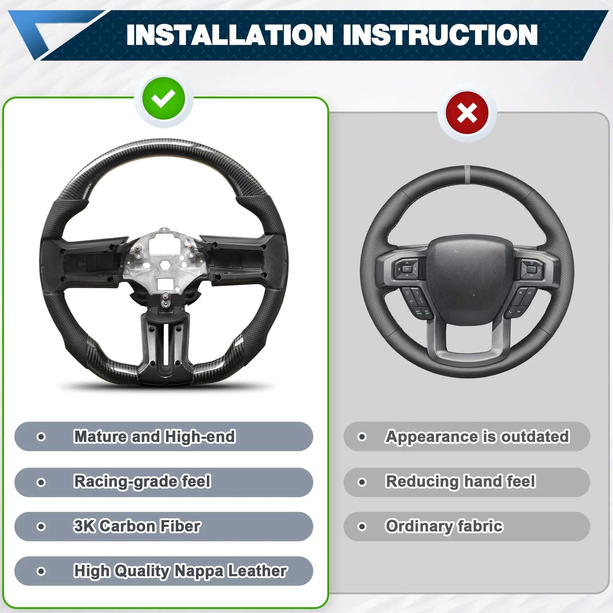 Carbon Fiber Steering Wheel For Mustang EcoBoost/GT/Shelby GT350/GT350R 2012-2014 D-shaped Nappa Perforated Leather Flat-bottom Custom Steering Wheel POFENZE