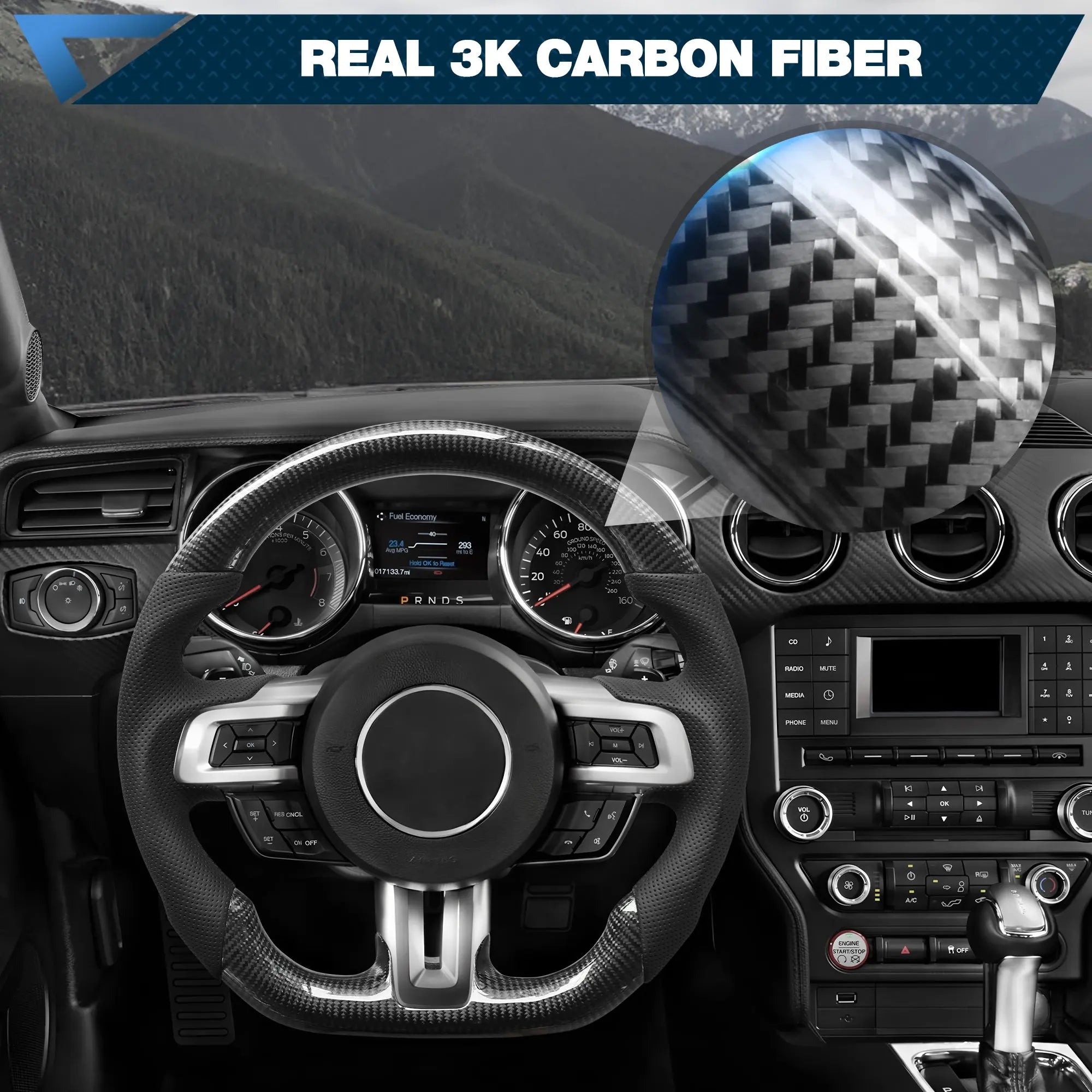 Carbon Fiber Steering Wheel For Mustang EcoBoost/GT/V6/Shelby GT350/GT350R 2015-2017 D-shaped Nappa Perforated Leather Flat-bottom Custom Steering Wheel POFENZE