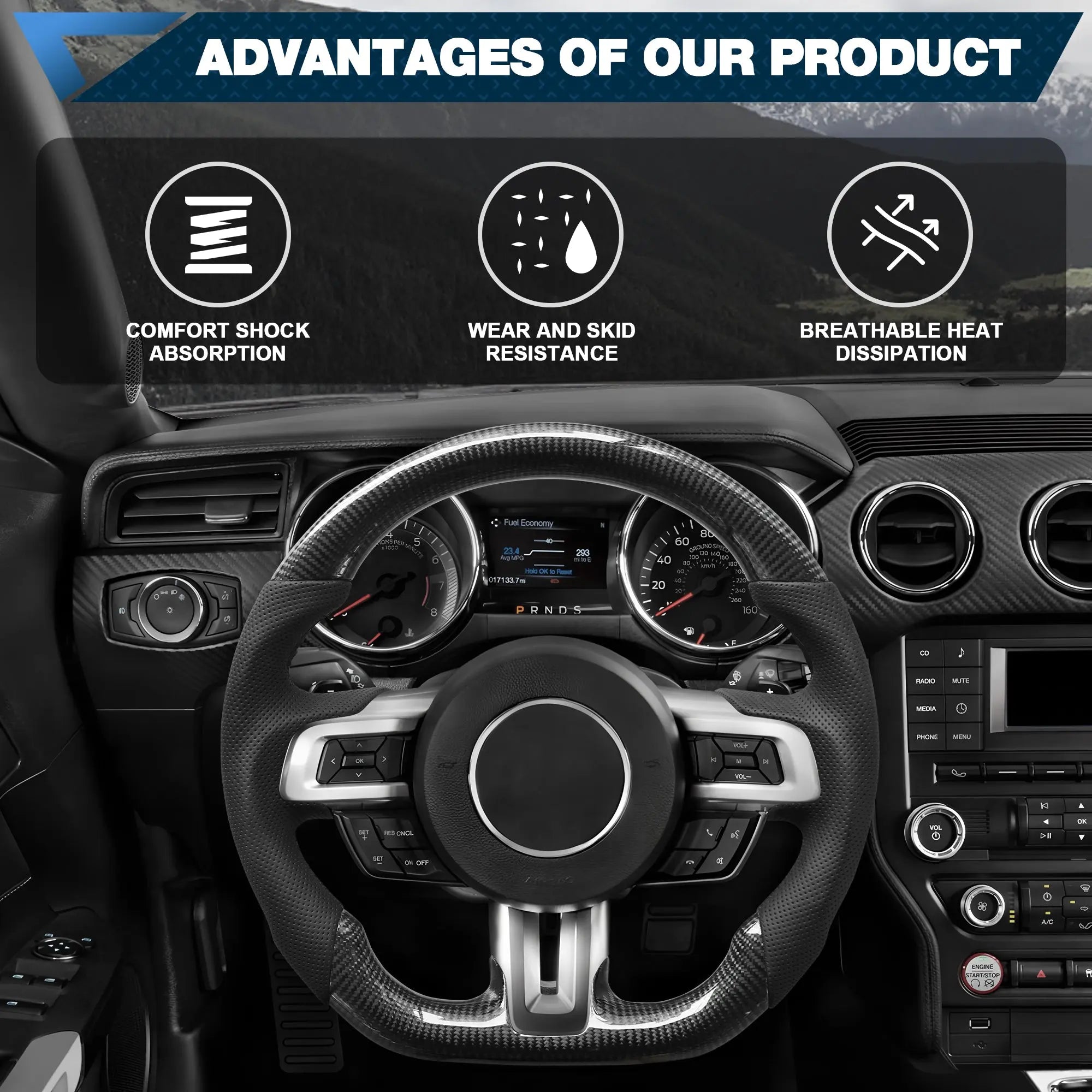 Carbon Fiber Steering Wheel For Mustang EcoBoost/GT/V6/Shelby GT350/GT350R 2015-2017 D-shaped Nappa Perforated Leather Flat-bottom Custom Steering Wheel POFENZE