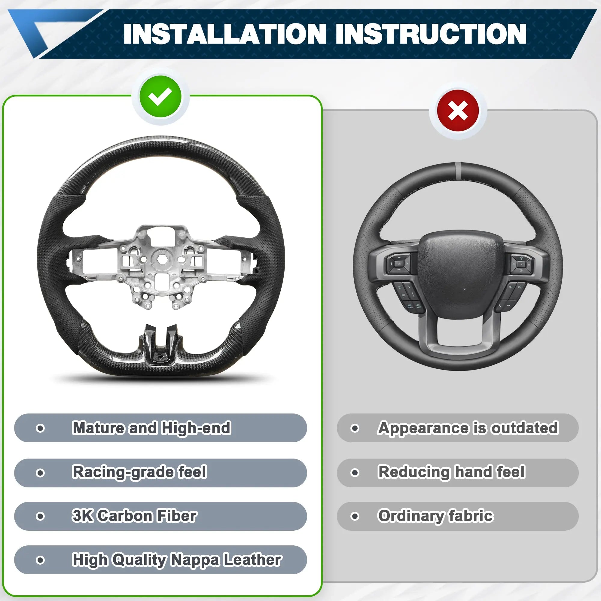 Carbon Fiber Steering Wheel For Mustang EcoBoost/GT/V6/Shelby GT350/GT350R 2015-2017 D-shaped Nappa Perforated Leather Flat-bottom Custom Steering Wheel POFENZE