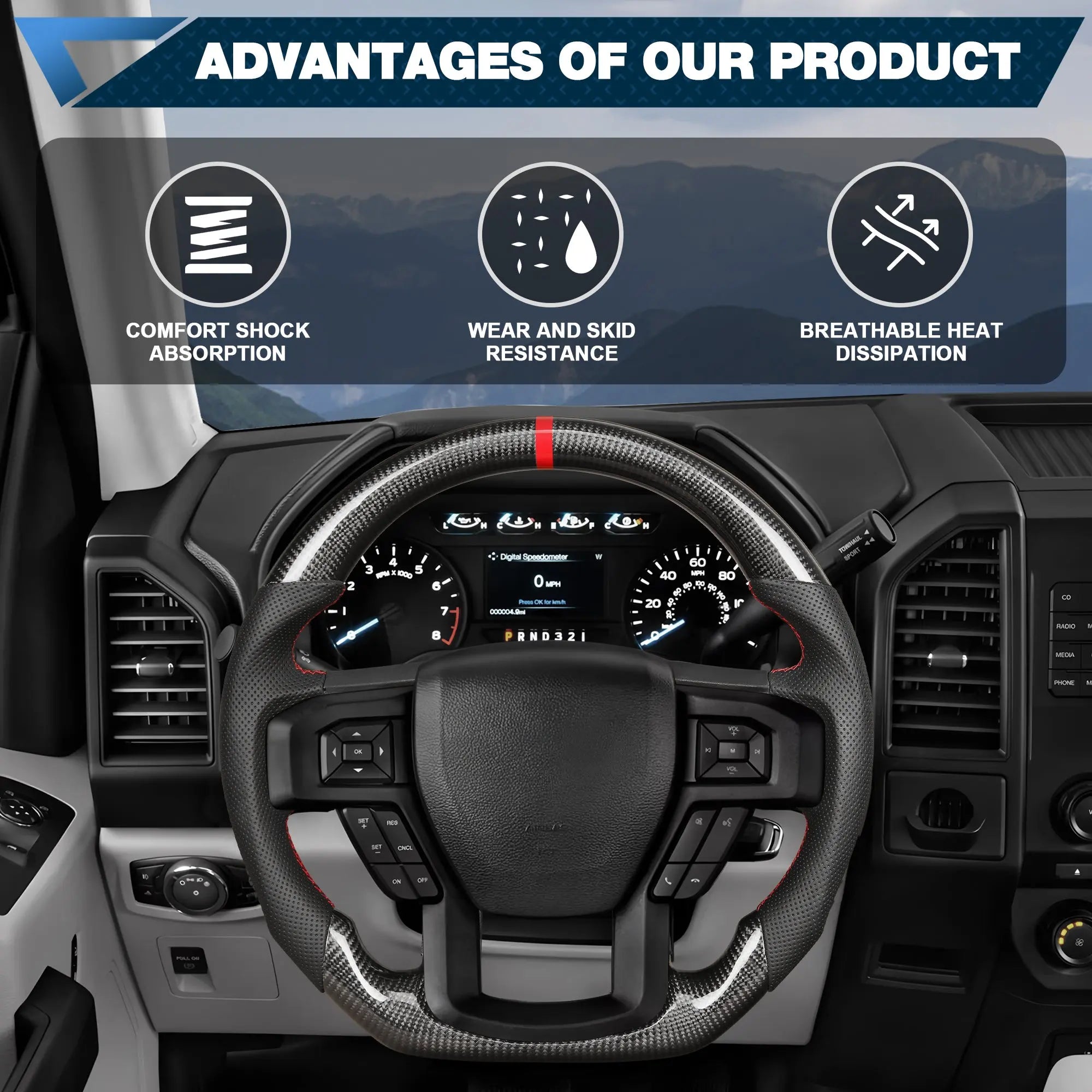 Carbon Fiber Steering Wheel for F150 2015-2020 D-shaped Flat-bottom Steering Wheel Perforated Leather Grip Hand-Stitched for F150 Models Without Paddle Shifters(Red Line) POFENZE