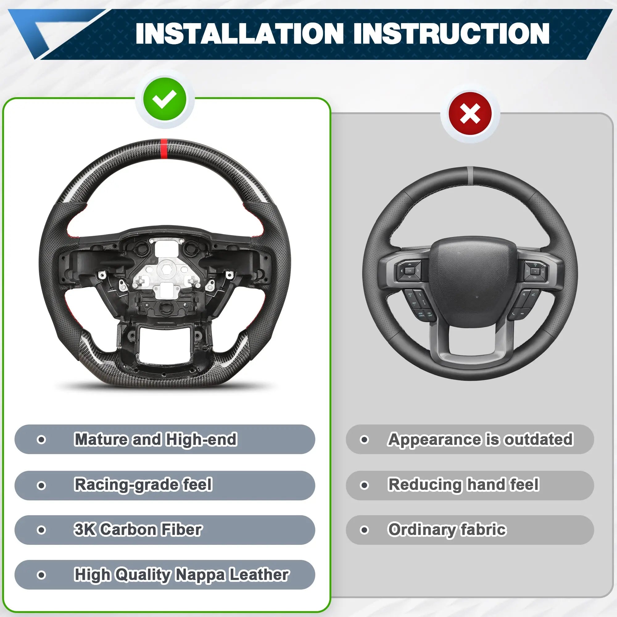 Carbon Fiber Steering Wheel for F150 2015-2020 D-shaped Flat-bottom Steering Wheel Perforated Leather Grip Hand-Stitched for F150 Models Without Paddle Shifters(Red Line) POFENZE