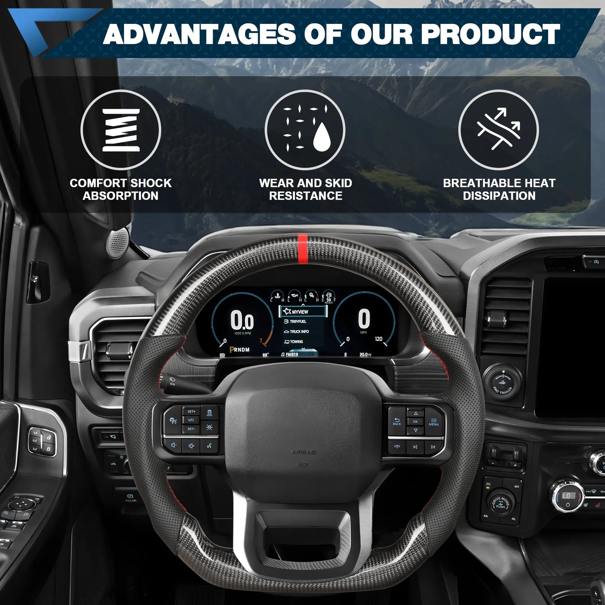 Carbon Fiber Steering Wheel for F150 2021-2024 D-shaped Flat-bottom Steering Wheel Perforated Leather Grip Hand-Stitched for Ford for F250/F350/F450 Models Without Paddle Shifters(Red Line) POFENZE