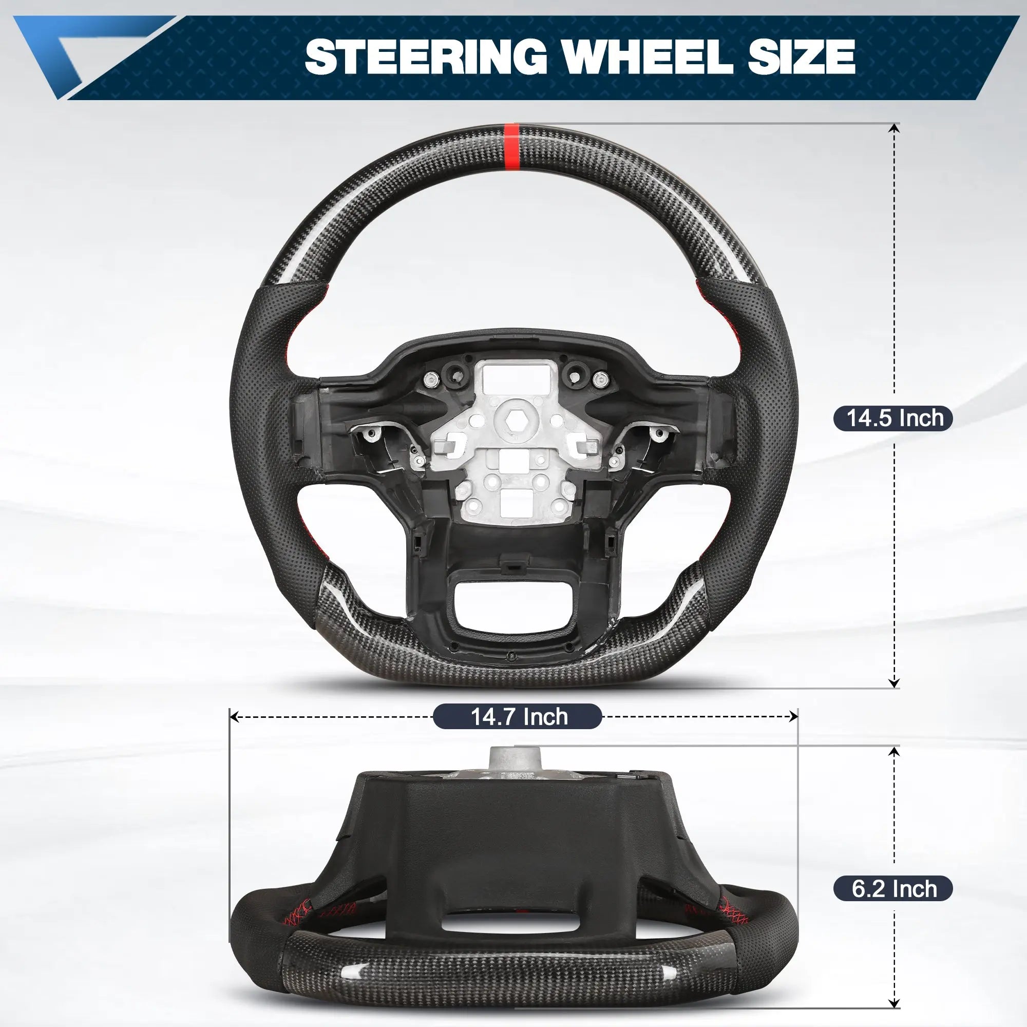 Carbon Fiber Steering Wheel for F150 2021-2024 D-shaped Flat-bottom Steering Wheel Perforated Leather Grip Hand-Stitched for Ford for F250/F350/F450 Models Without Paddle Shifters(Red Line) POFENZE