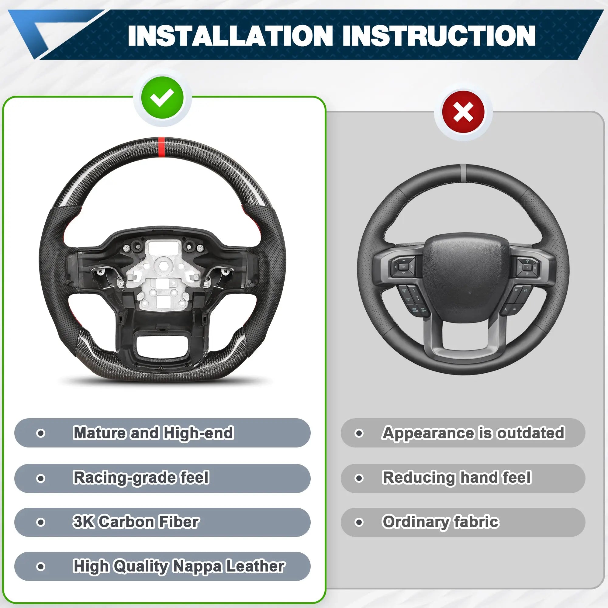 Carbon Fiber Steering Wheel for F150 2021-2024 D-shaped Flat-bottom Steering Wheel Perforated Leather Grip Hand-Stitched for Ford for F250/F350/F450 Models Without Paddle Shifters(Red Line) POFENZE