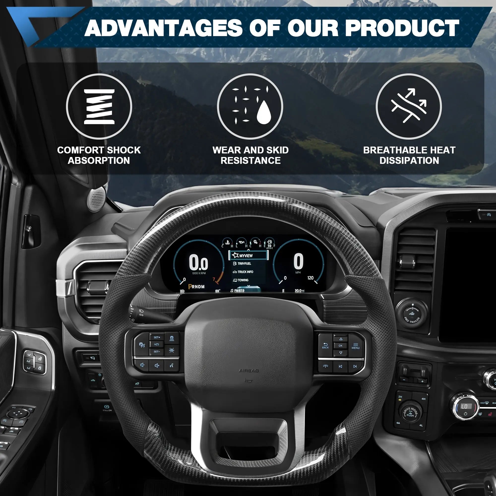 Carbon Fiber Steering Wheel for F150 2021-2024 D-shaped Flat-bottom Steering Wheel Preforated Leather Grip Hand-Stitched for Ford for F250/F350/F450 2023-2024 Models Without Paddle Shifters POFENZE