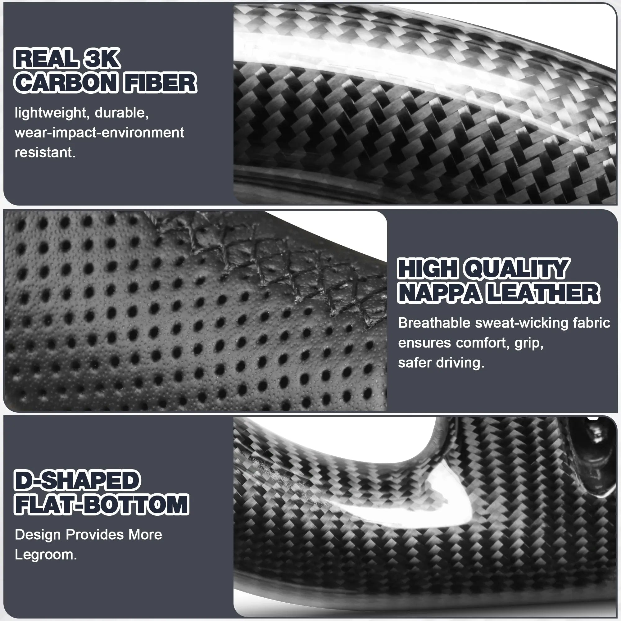 Carbon Fiber Steering Wheel for F150 2021-2024 D-shaped Flat-bottom Steering Wheel Preforated Leather Grip Hand-Stitched for Ford for F250/F350/F450 2023-2024 Models Without Paddle Shifters POFENZE