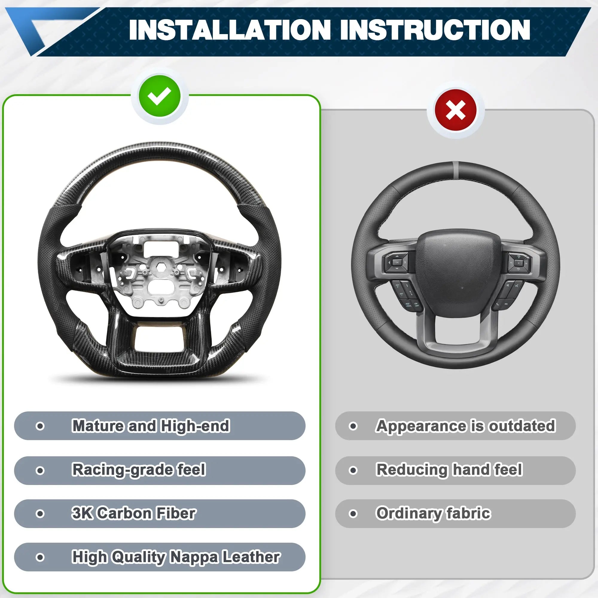 Carbon Fiber Steering Wheel for Ford Ranger 2022-2023 Nappa Perforated Leather with Hand Stitching D-shaped Steering Wheel POFENZE