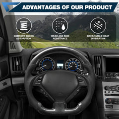 Carbon Fiber Steering Wheel for Infiniti G37 G37X 2007-2013, D-shaped Flat-bottom Nappa Perforated Leather Grip for Replacement POFENZE