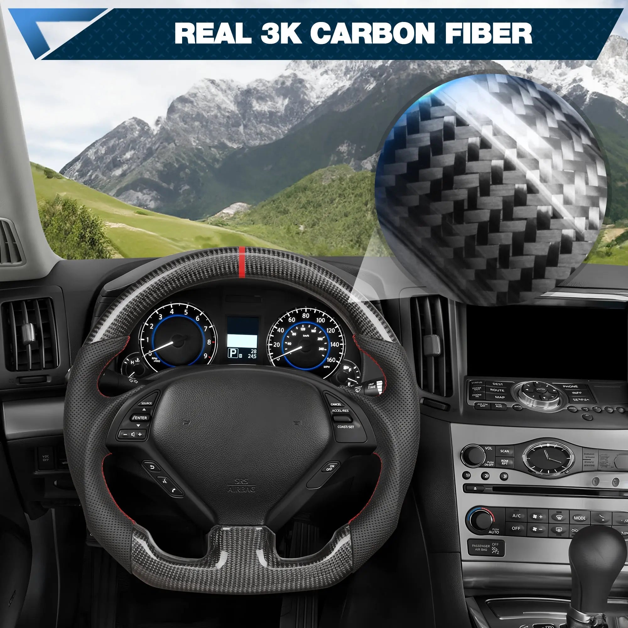 Carbon Fiber Steering Wheel for Infiniti G37 G37X 2007-2013, D-shaped Flat-bottom Nappa Perforated Leather Grip with Replacement Trim(Red Line) POFENZE