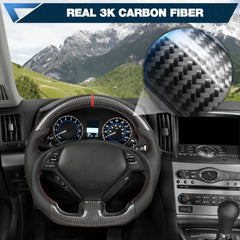 Carbon Fiber Steering Wheel for Infiniti G37 G37X 2007-2013, D-shaped Flat-bottom Nappa Perforated Leather Grip with Replacement Trim(Red Line) POFENZE