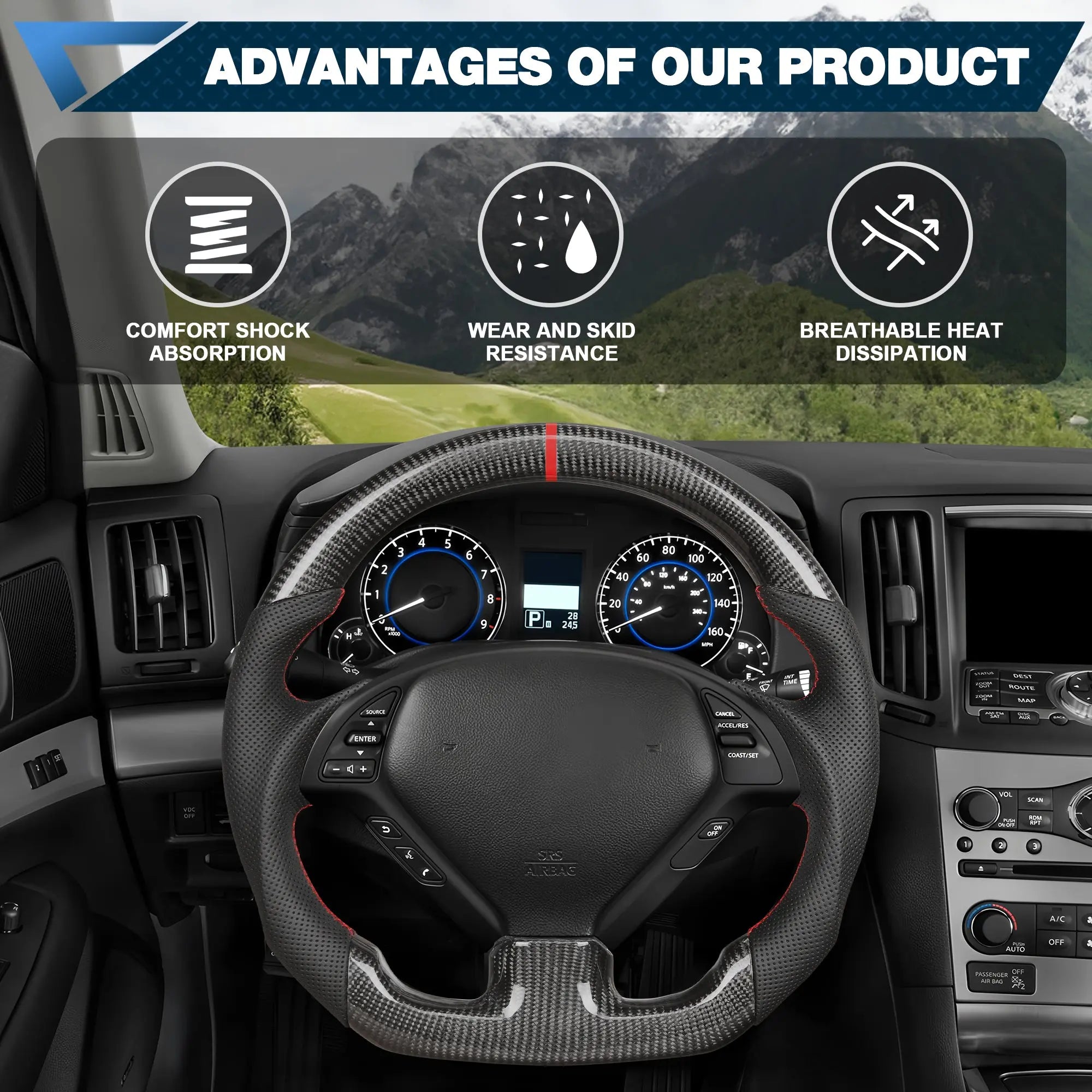 Carbon Fiber Steering Wheel for Infiniti G37 G37X 2007-2013, D-shaped Flat-bottom Nappa Perforated Leather Grip with Replacement Trim(Red Line) POFENZE