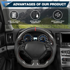 Carbon Fiber Steering Wheel for Infiniti G37 G37X 2007-2013, D-shaped Flat-bottom Nappa Perforated Leather Grip with Replacement Trim(Red Line) POFENZE